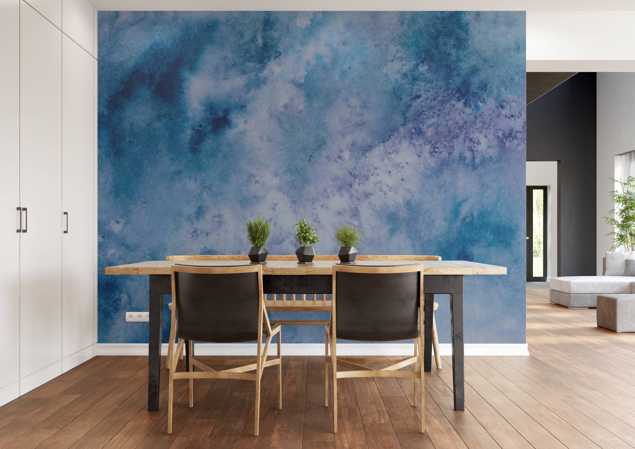 Esszimmer mit Wandbild - Wolkiges Aquarell in weiß, blau und rosé mit spannenden Farbverläufen 