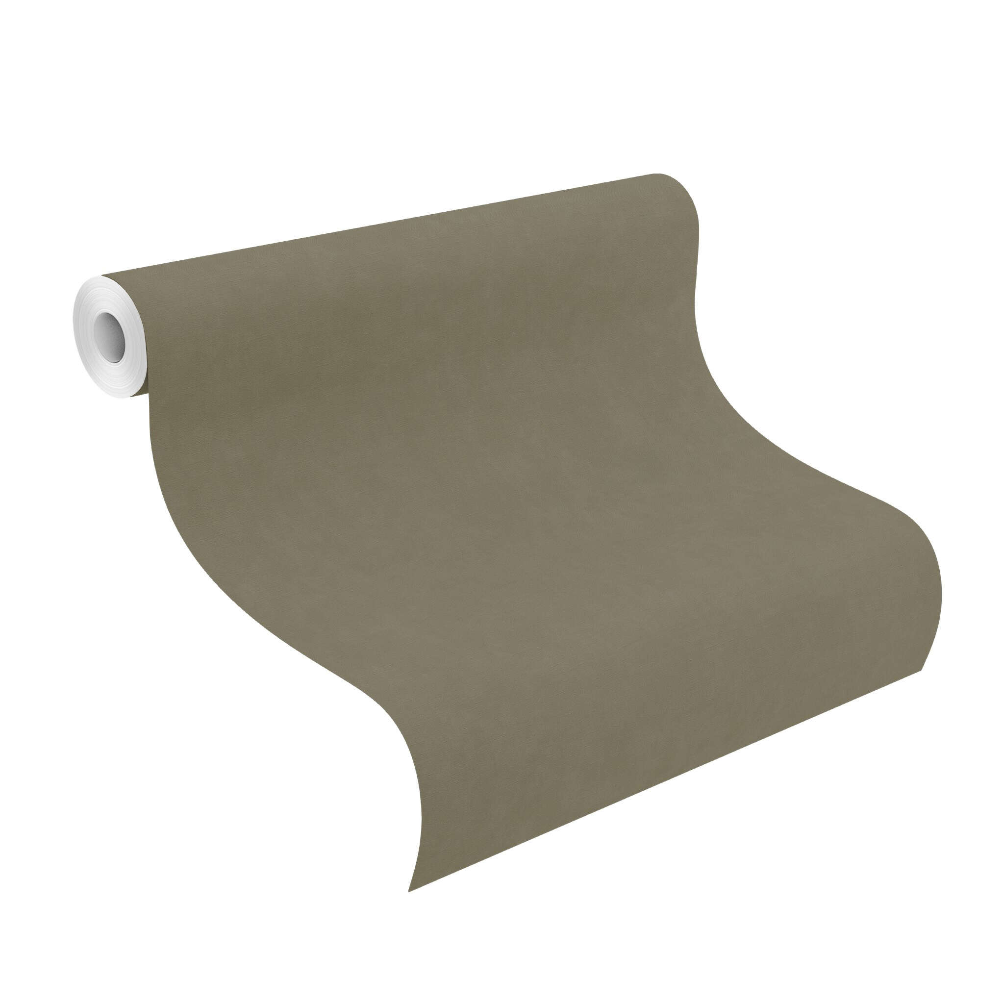 10-330120 Rolle abgerollt 1 Unrolled wallpaper roll with Olive-coloured wallpaper with a textile surface – for natural living concepts with depth.