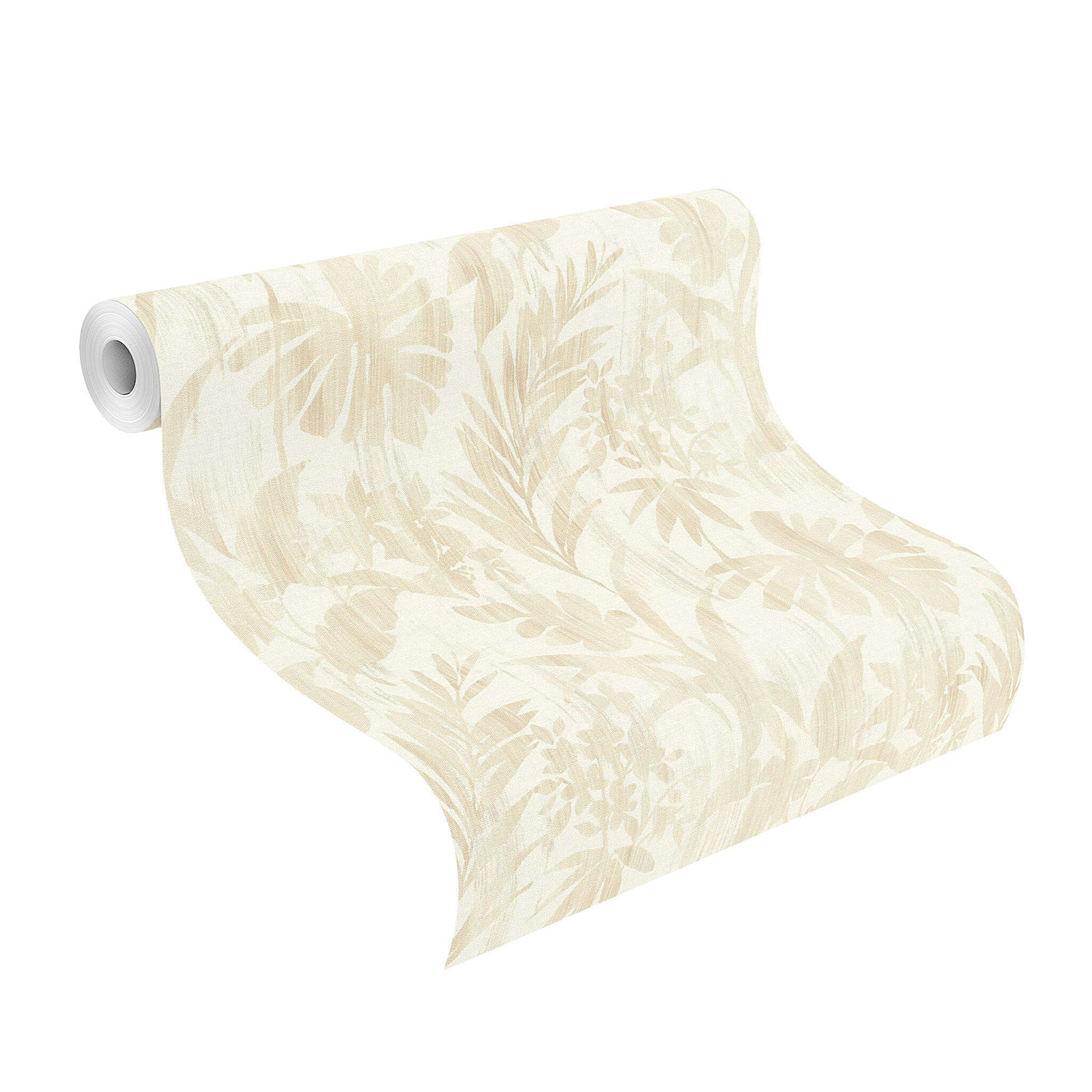 10-410570 Rolle abgerollt 1 Unrolled wallpaper roll with Non-woven wallpaper with a tropical leaf pattern in sand and beige tones on a light background.
