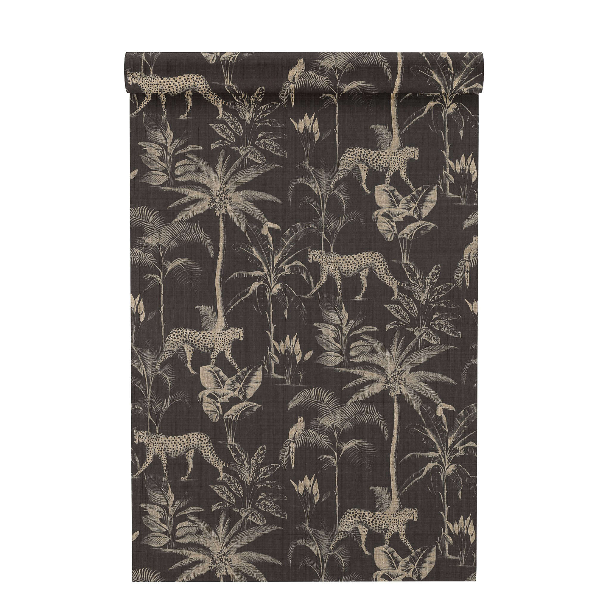 10-409031 Rolle abgerollt 2 Rouleau de déroulé avec Papier peint non tissé foncé avec motif jungle exotique, léopards et palmiers dans un style vintage.