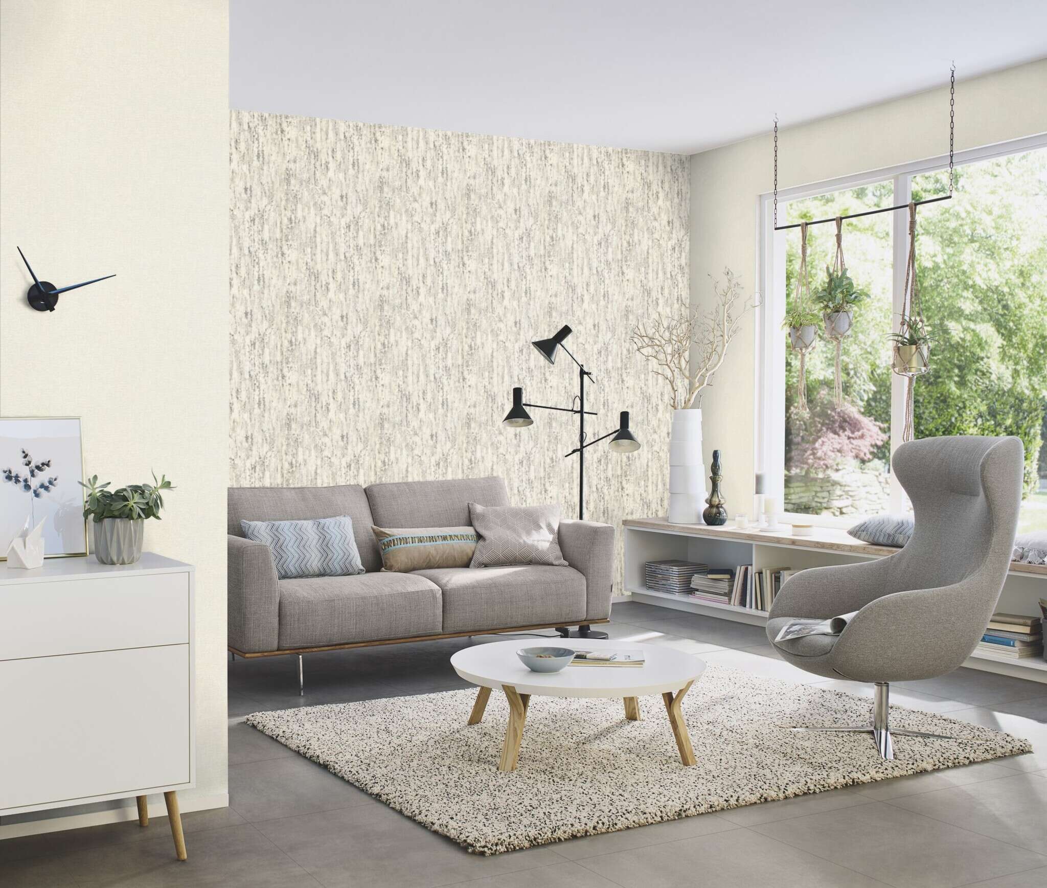10-554045 Raumsituationen 2 Room with Wallpaper with a grain that looks like tree bark