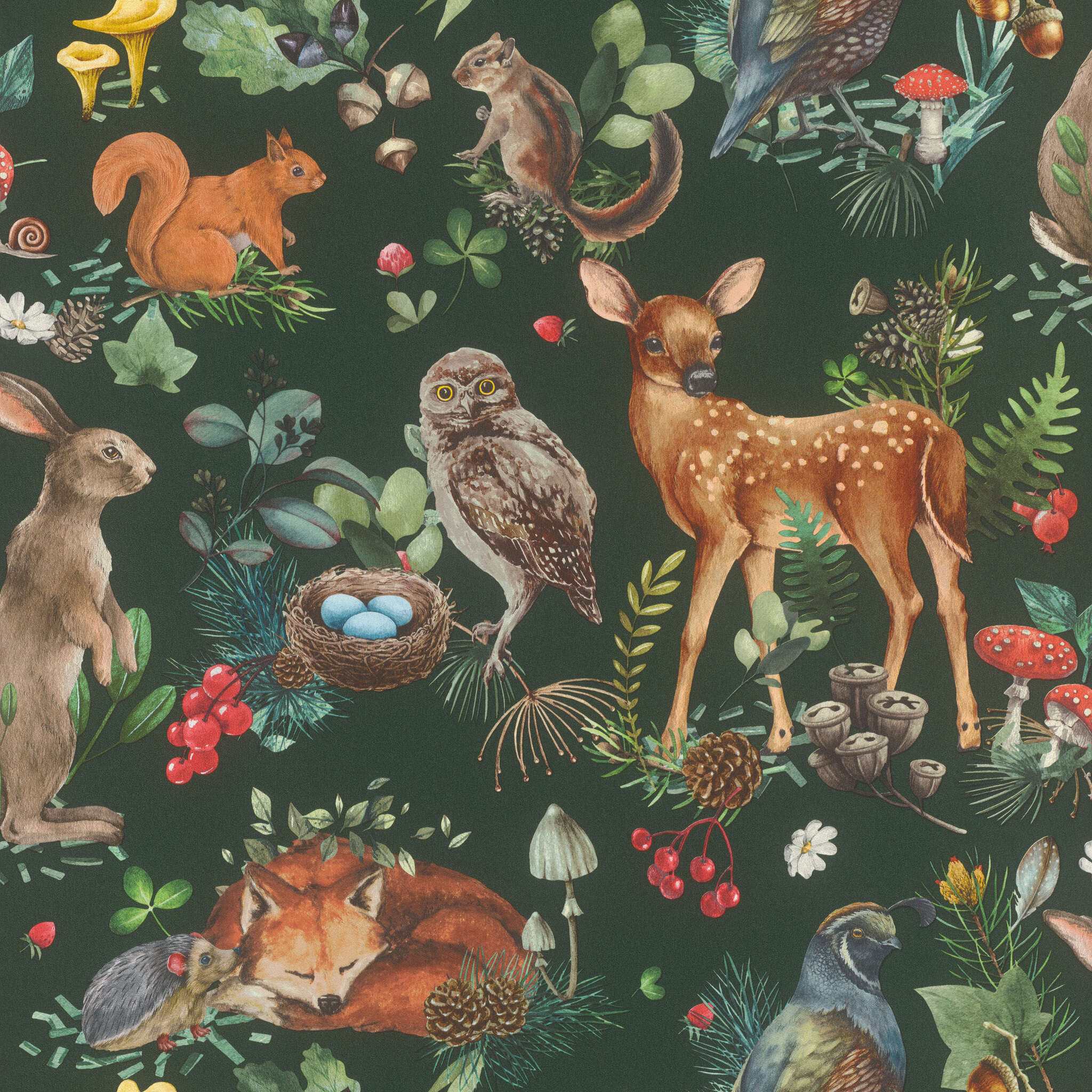 10-300338 Artikelscan 1 Dark wallpaper with detailed forest creatures in bold colours – ideal for accent walls in children's rooms