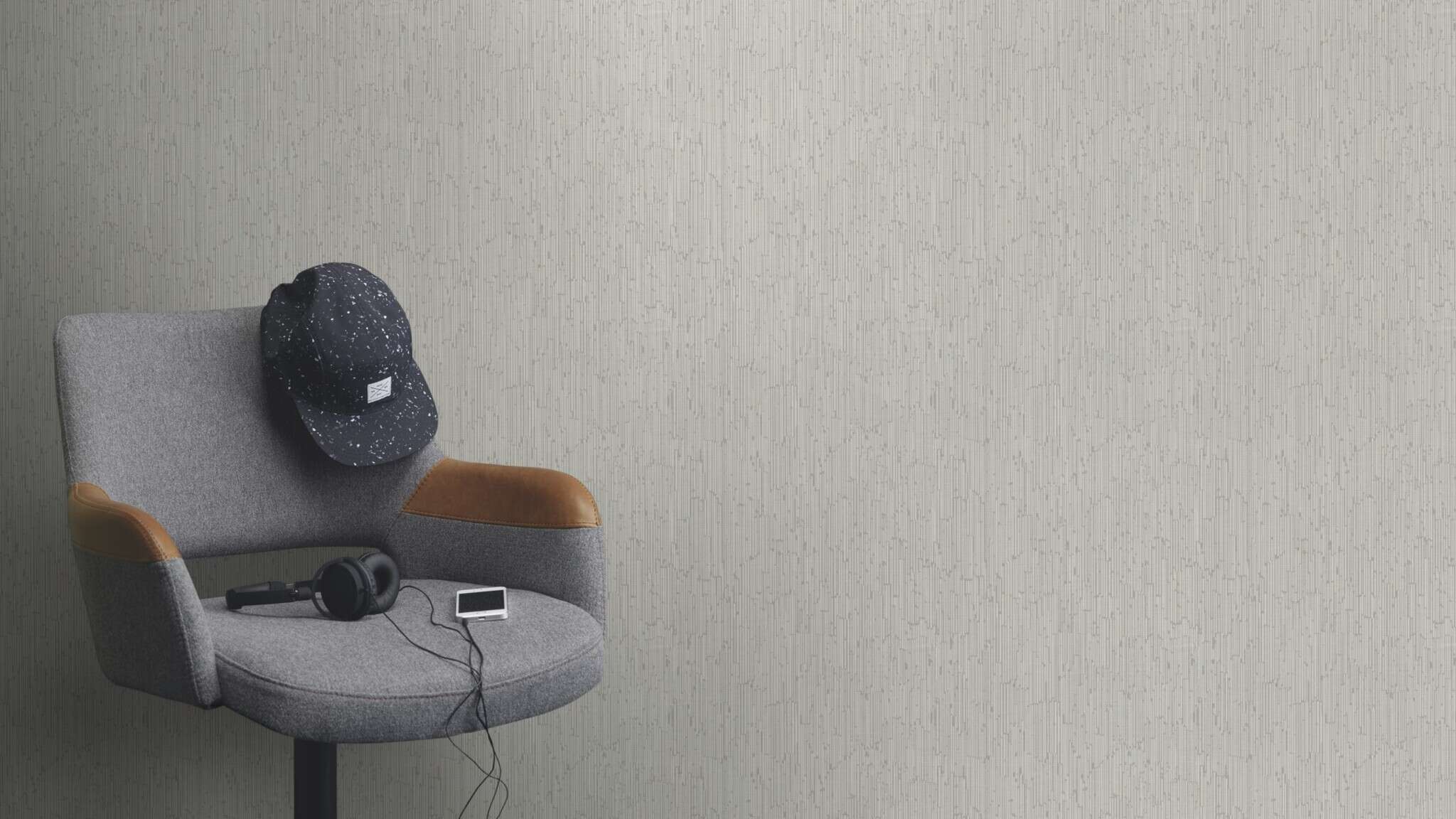 10-312621 Raumsituationen 1 Room with Light grey non-woven wallpaper with a relief-like vertical texture for subtle accents