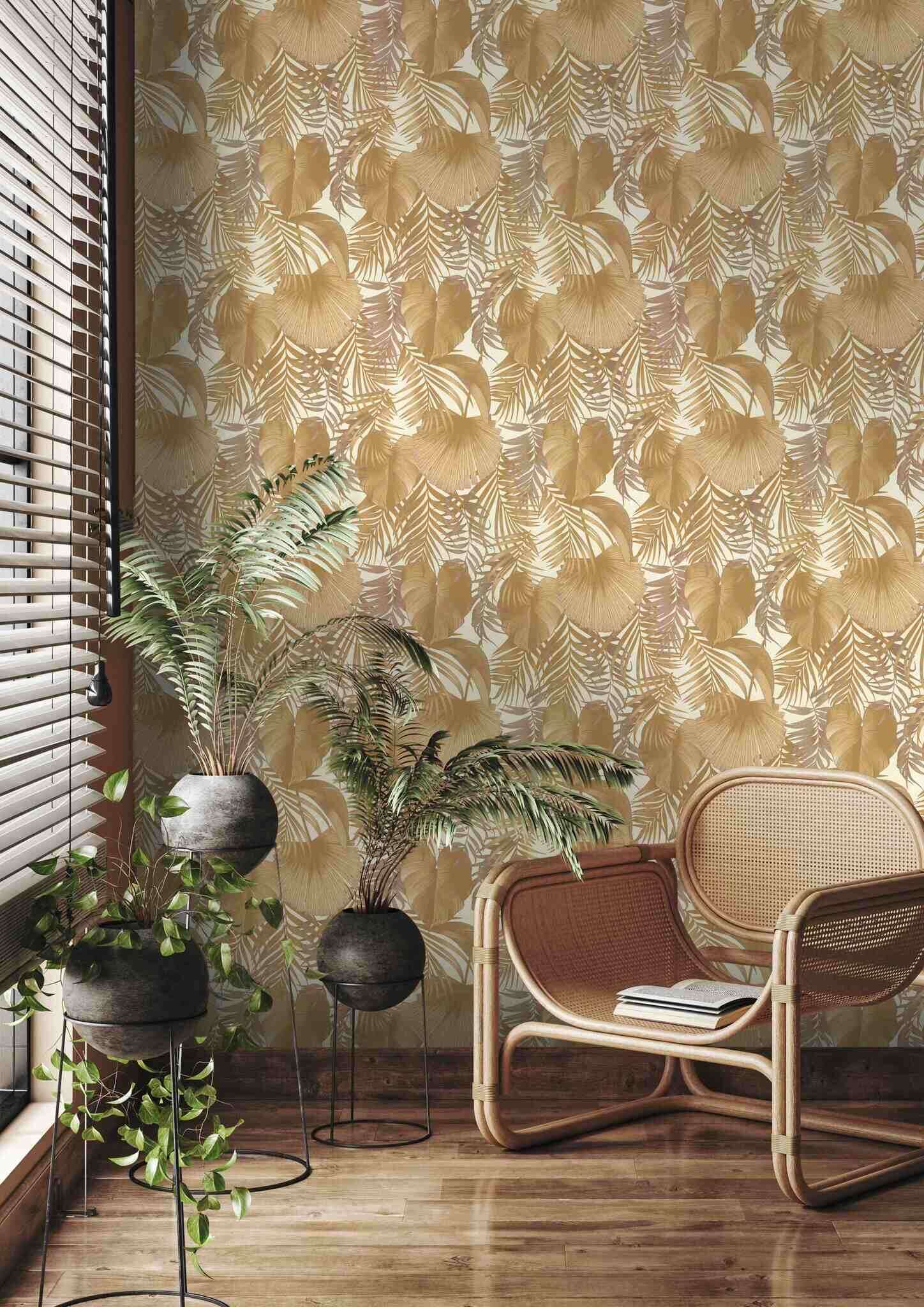 10-462081 Raumsituationen 1 Leaves non-woven wallpaper in gold Selection vinyl/non-woven 462081