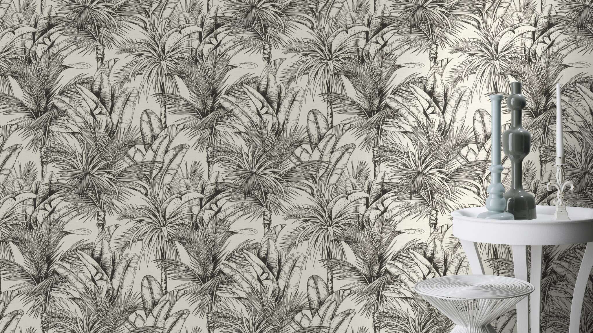 10-478013 Raumsituationen 4 Raum mit Detaillierte Pflanzenillustration mit Palmen und exotischem Blattwerk in schwarz-weißer Linienführung