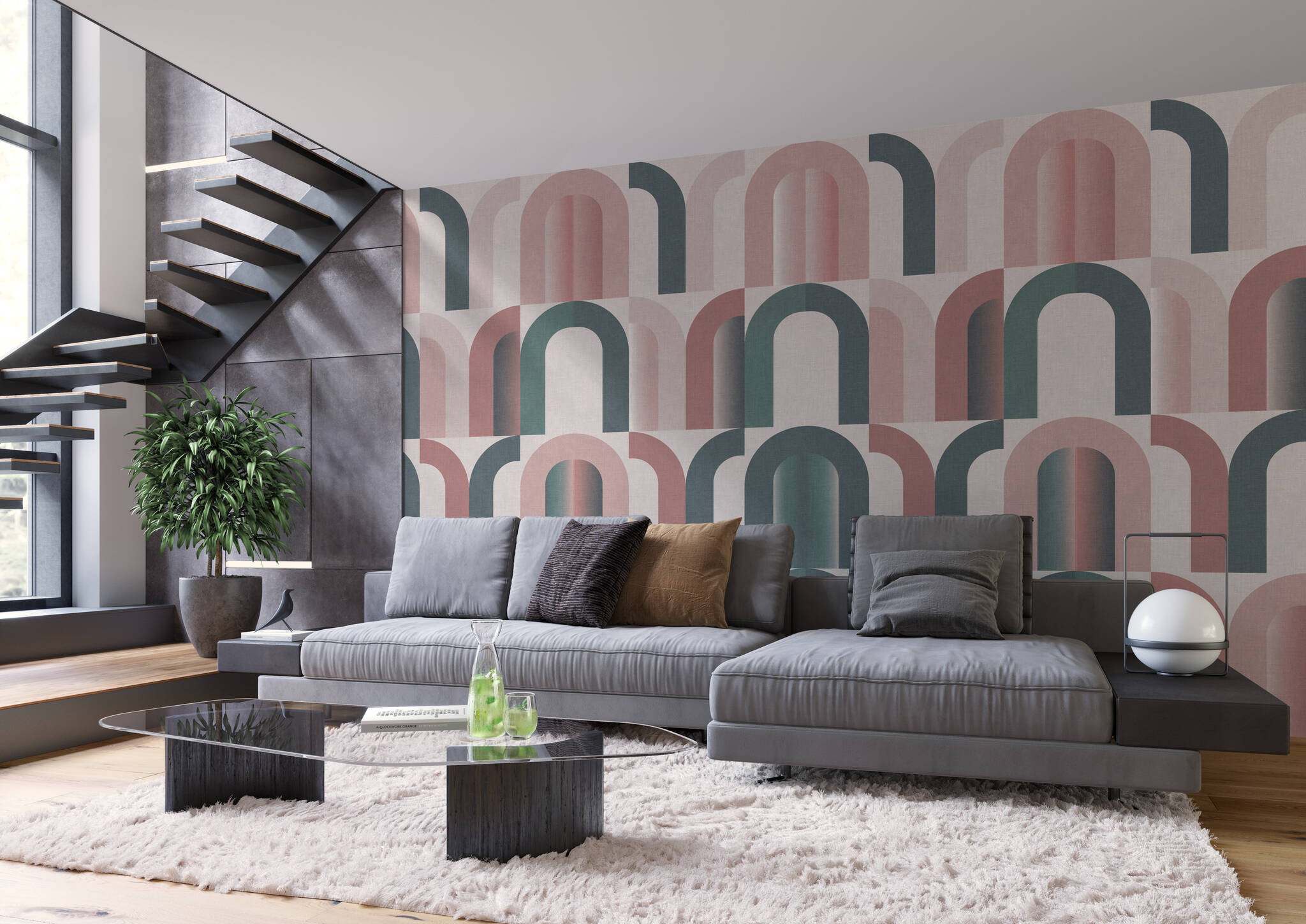 Wohnzimmer mit Wandbild - Geometrische Bögen mit Retro-Touch in Rosa, Graublau und Rosé