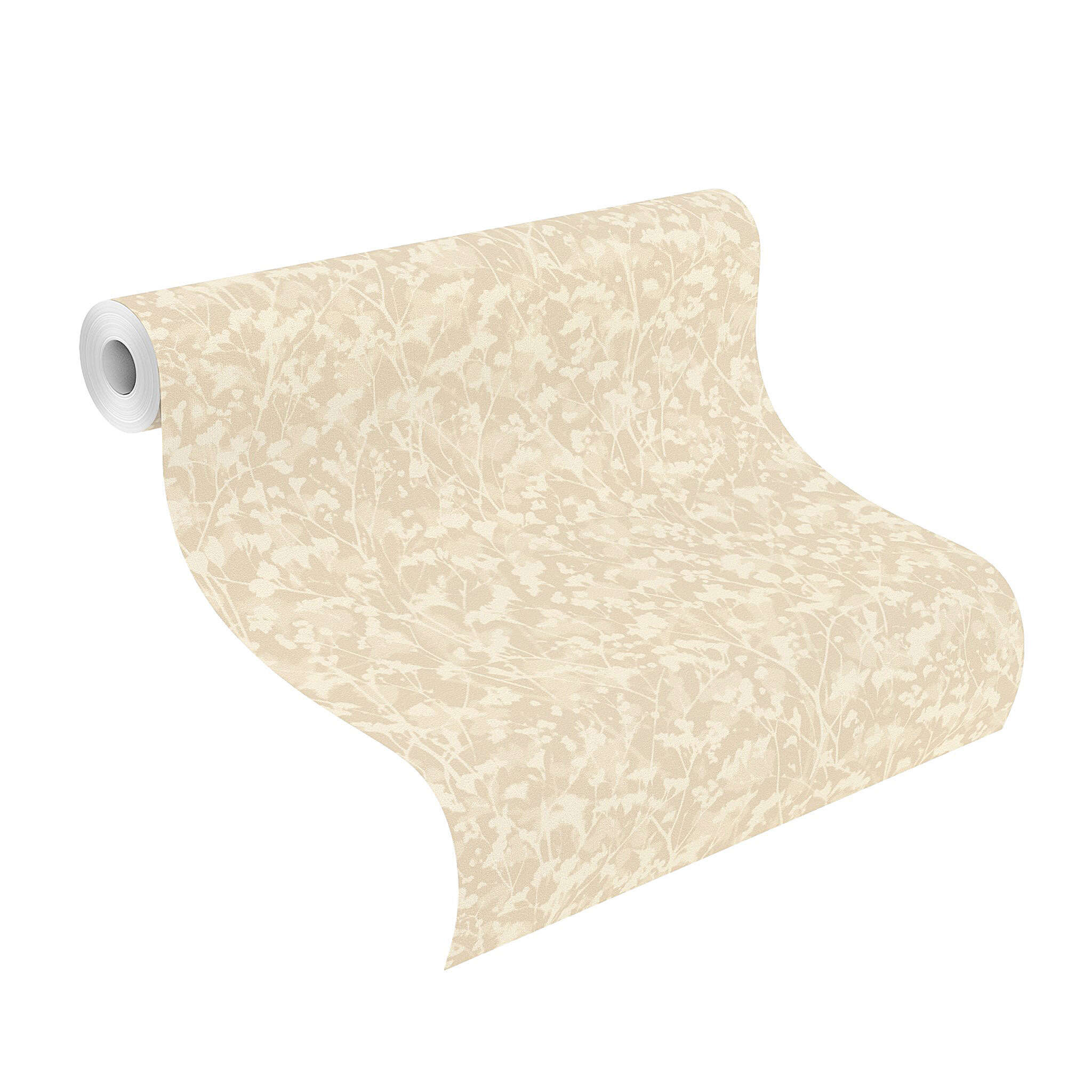 10-720747 Rolle abgerollt 1 Unrolled wallpaper roll with Wallpaper with plant silhouettes and a fine vertical texture