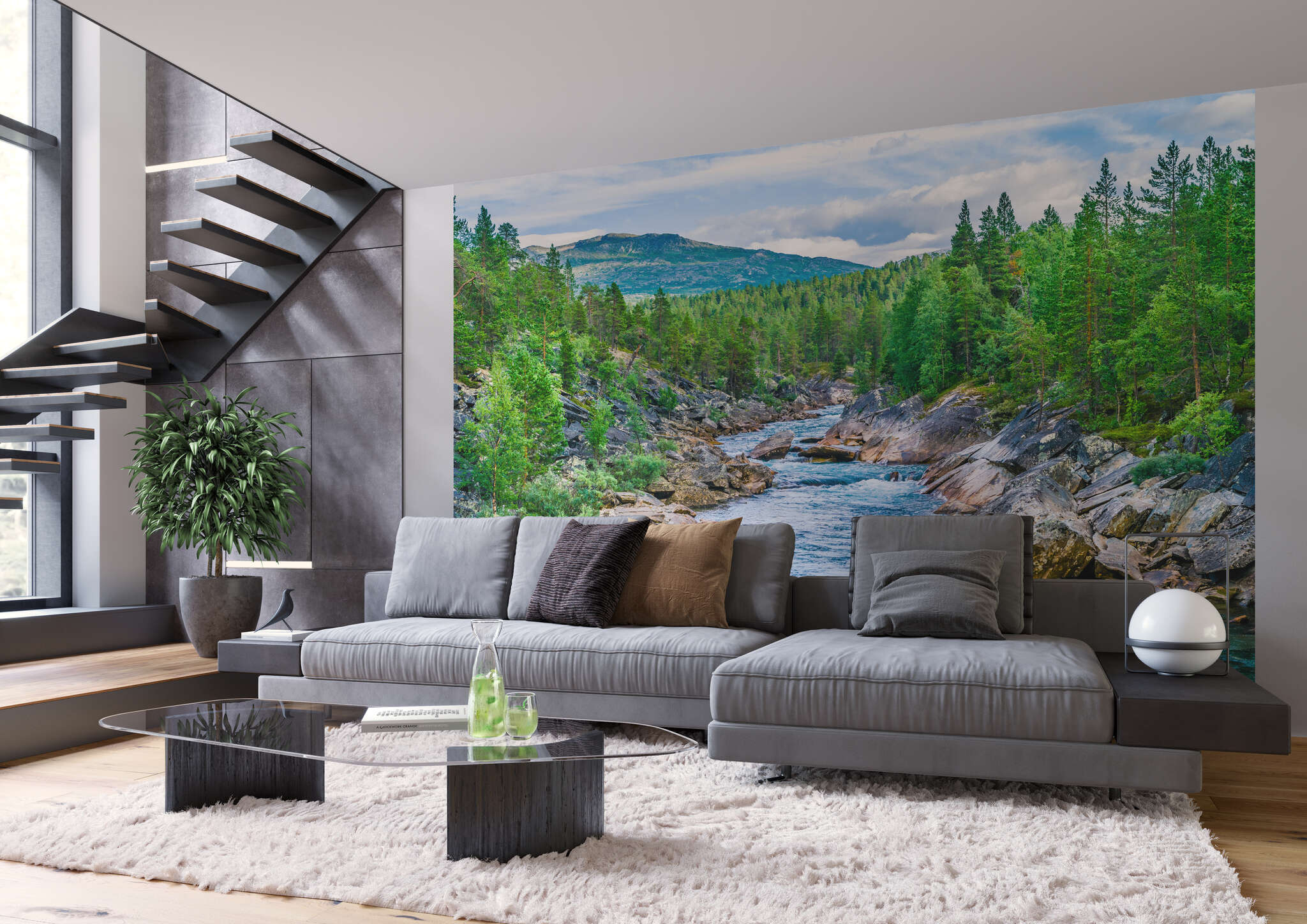Wohnzimmer mit 363272 - Fototapete - Urtümlicher Gebirgsbach in starken Farben magicwalls photo wallpaper river landscape 363272
