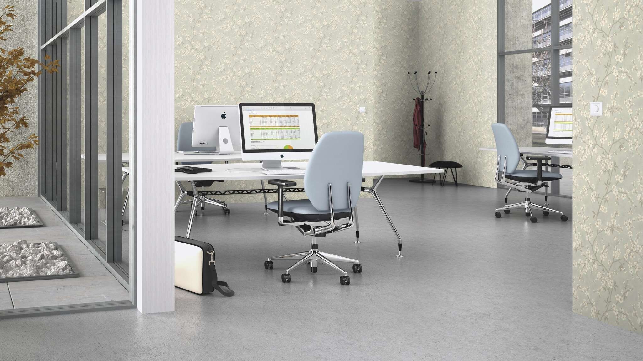 10-456752 Raumsituationen 4 Room with Natural non-woven wallpaper with floral branches on a subtle grey background