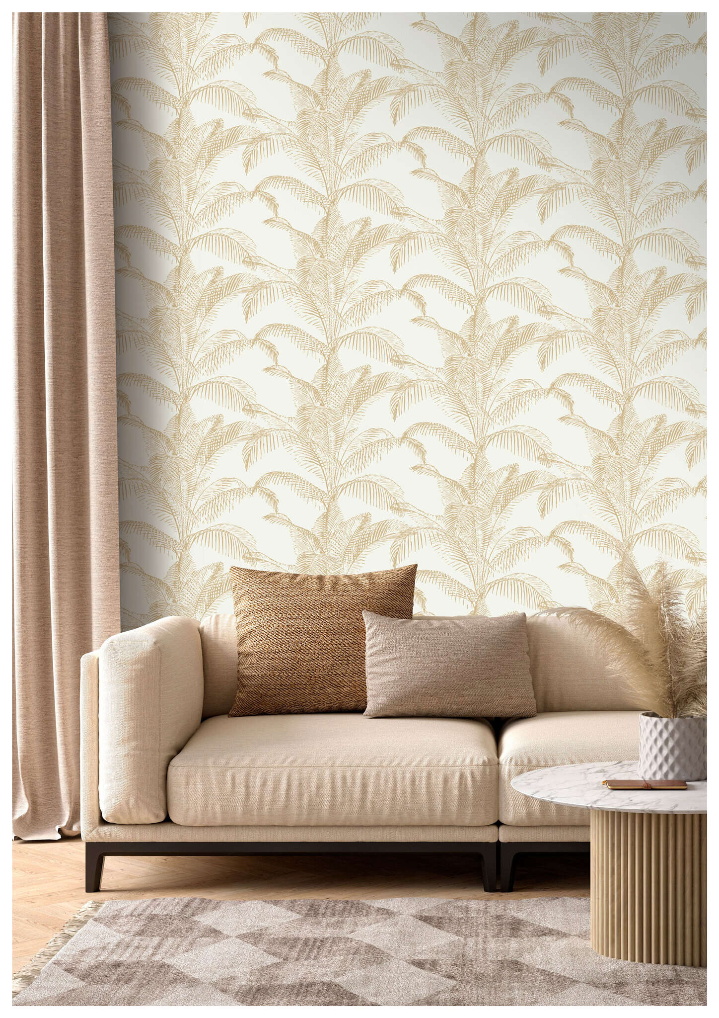 10-406818 Raumbilder 2 Room with Tropical-inspired wallpaper with delicate golden palm trees on a cream background for a natural ambience