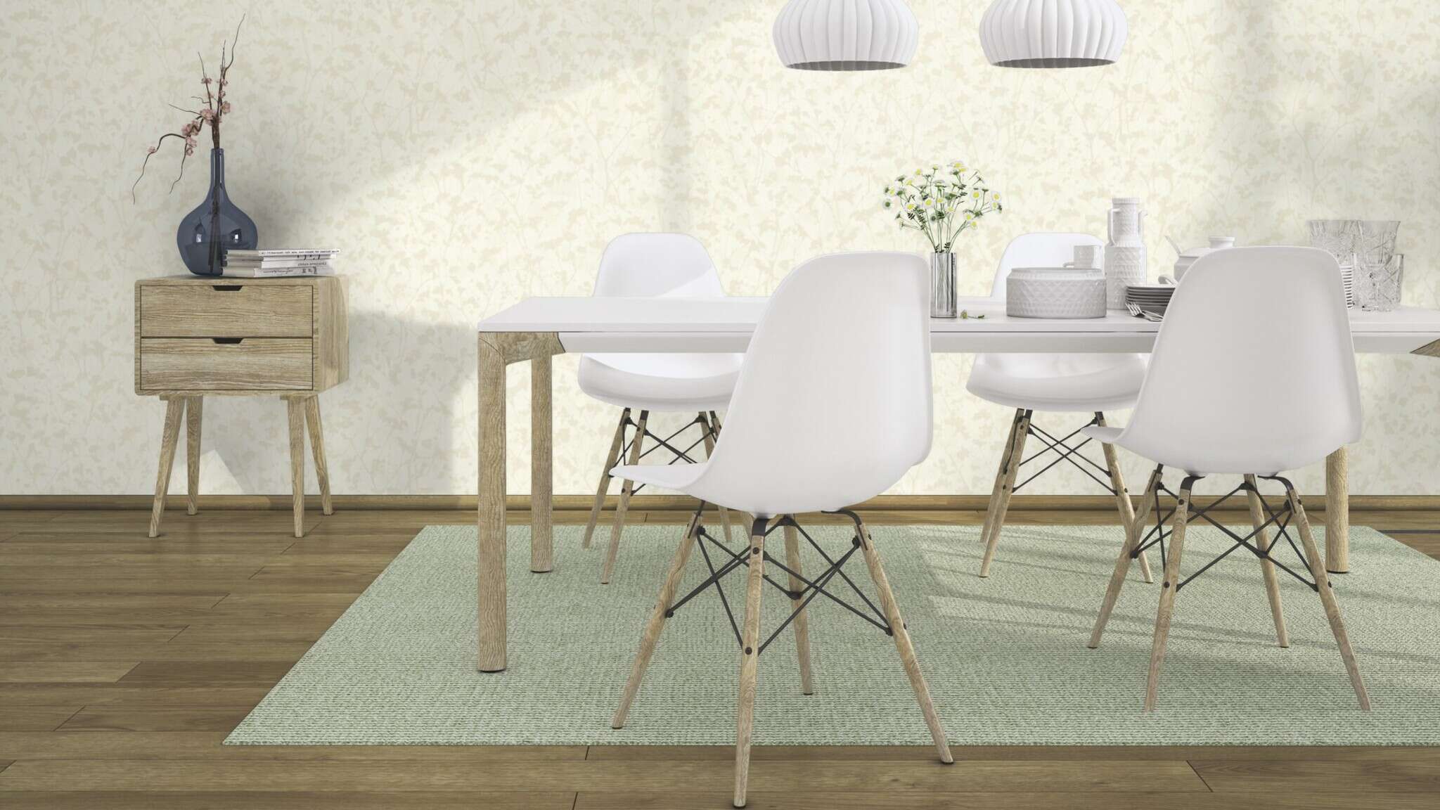 10-720730 Raumsituationen 2 Room with Wallpaper with plant silhouettes and a fine vertical texture