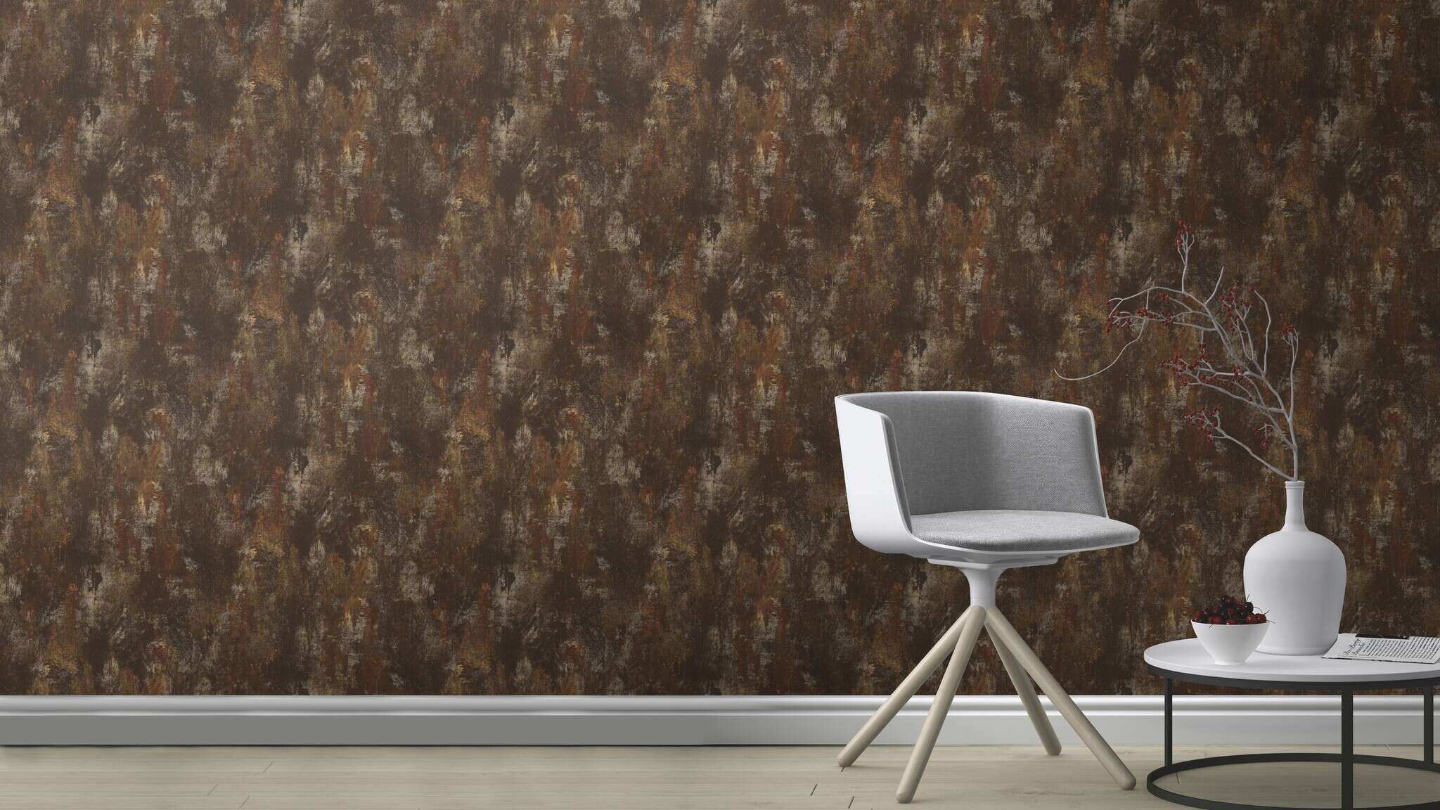 10-418224 Raumsituationen 3 Une chambre avec Papier peint intissé à la texture irrégulière dans des tons rouille et marron.