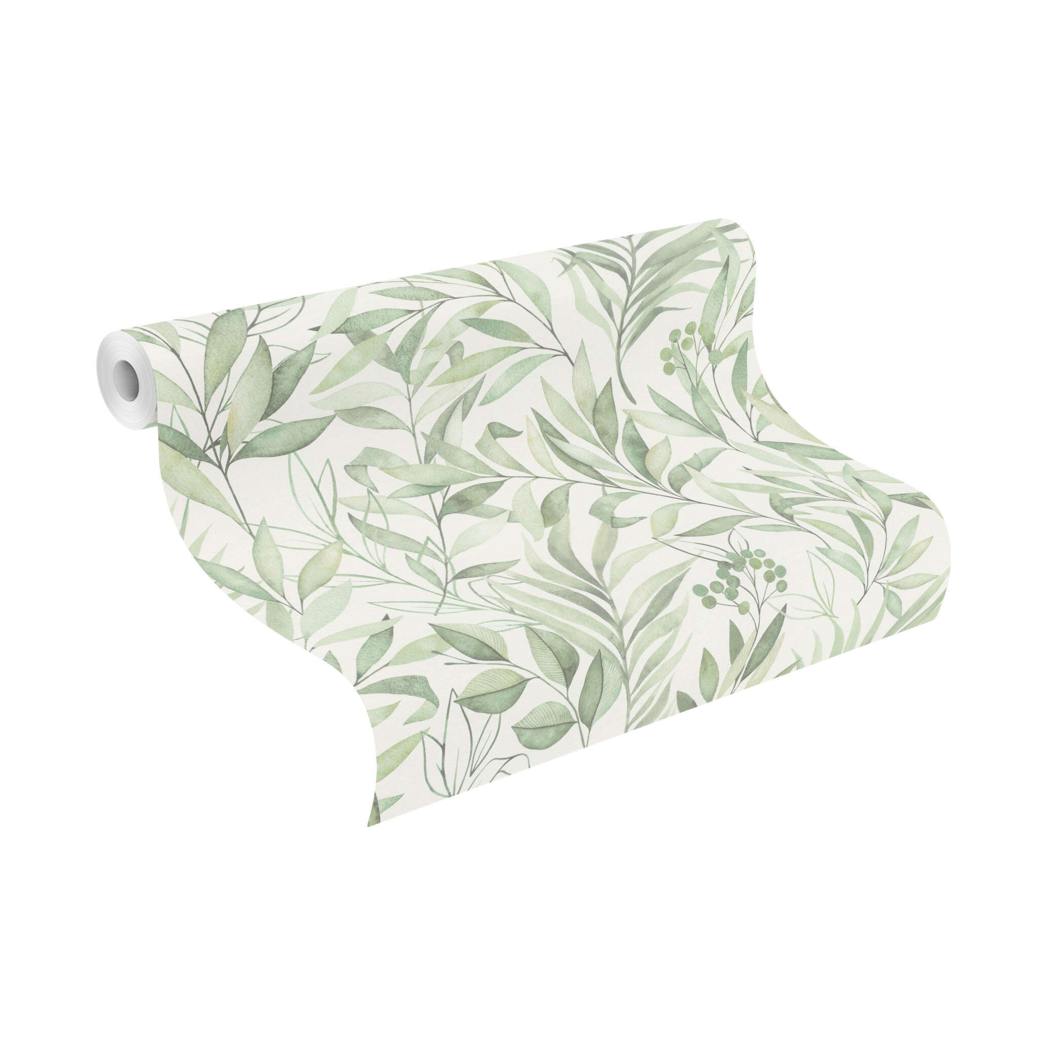 10-286052 Rolle abgerollt 1 Rollenabbildung mit Botanische Tapete mit verschiedenen Blattarten in Aquarelloptik auf weißem Hintergrund
