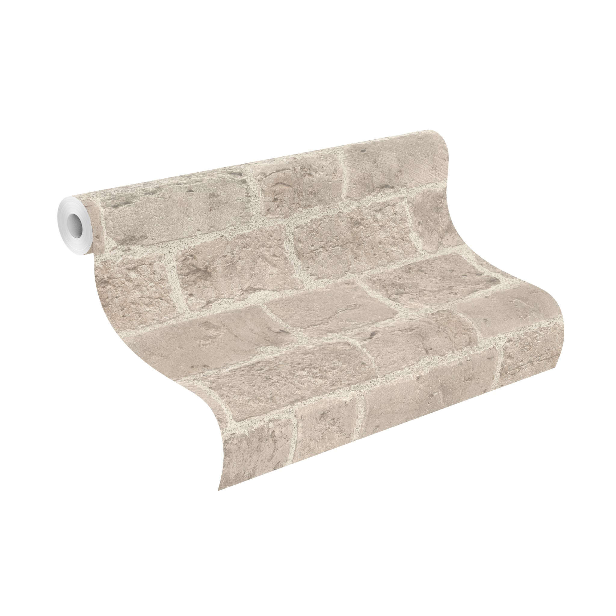 10-865721 Rolle abgerollt 1 Unrolled wallpaper roll with Wallpaper with bricks