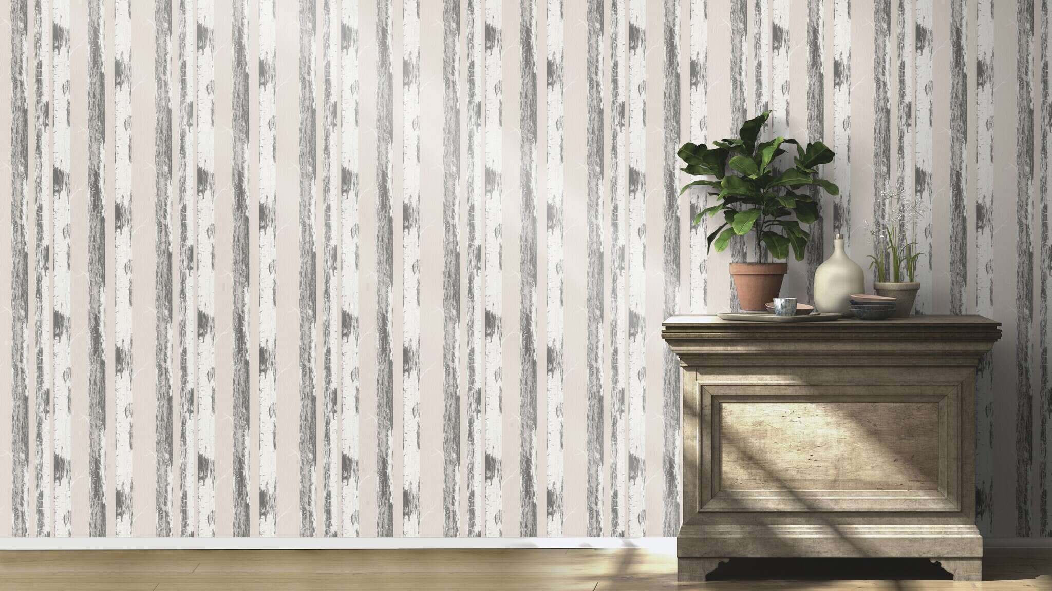 10-285406 Raumsituationen 5 Room with Wallpaper with vertical tree trunks in a stylised look for a natural accent