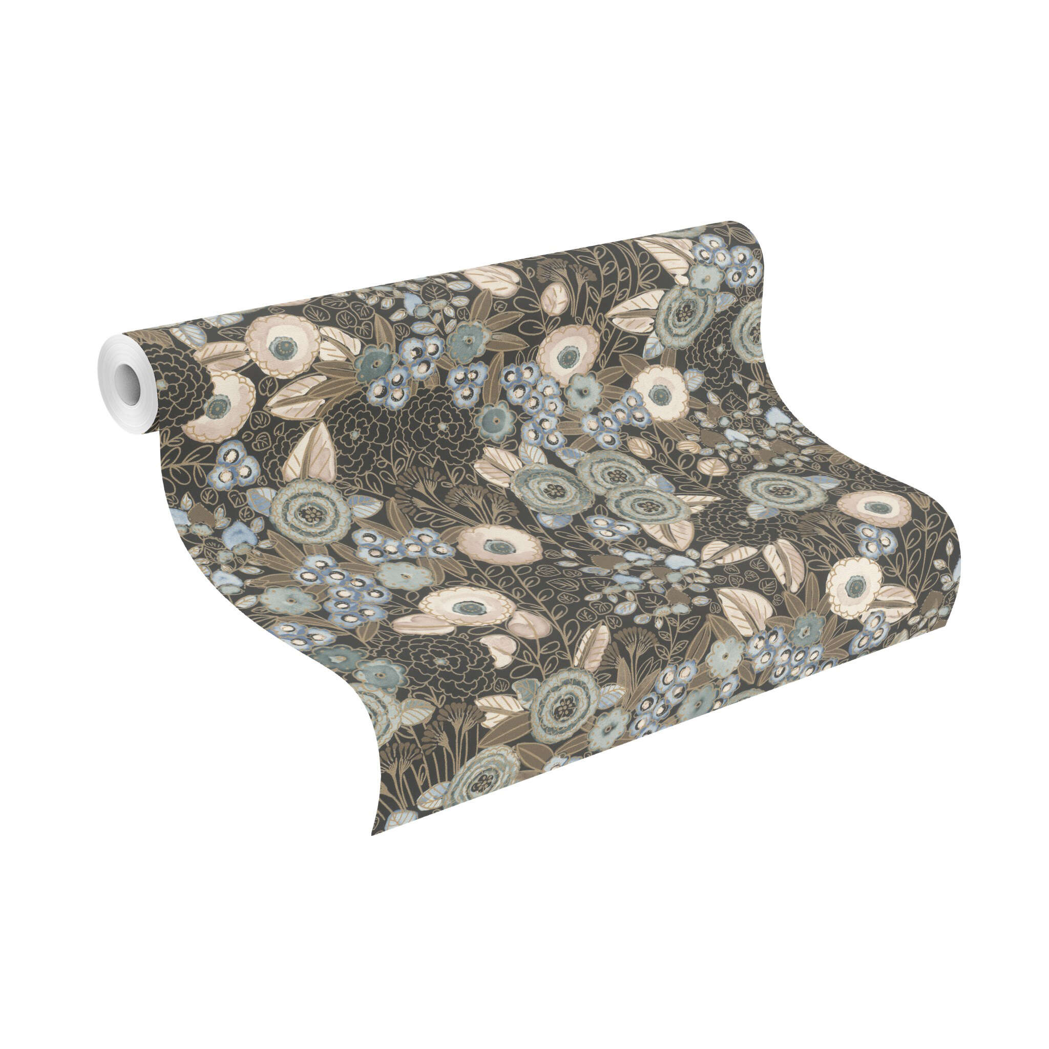 10-868913 Rolle abgerollt 1 Unrolled wallpaper roll with Wallpaper with a floral pattern in a watercolour look and golden contours