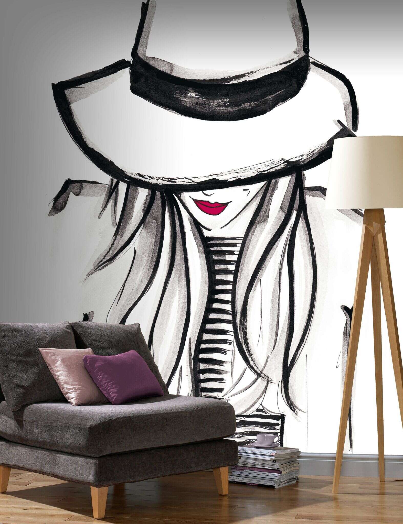 Wohnzimmer mit 100877 - Wandbild - Dame mit Hut gezeichnet Young Artists photo wallpaper 100877