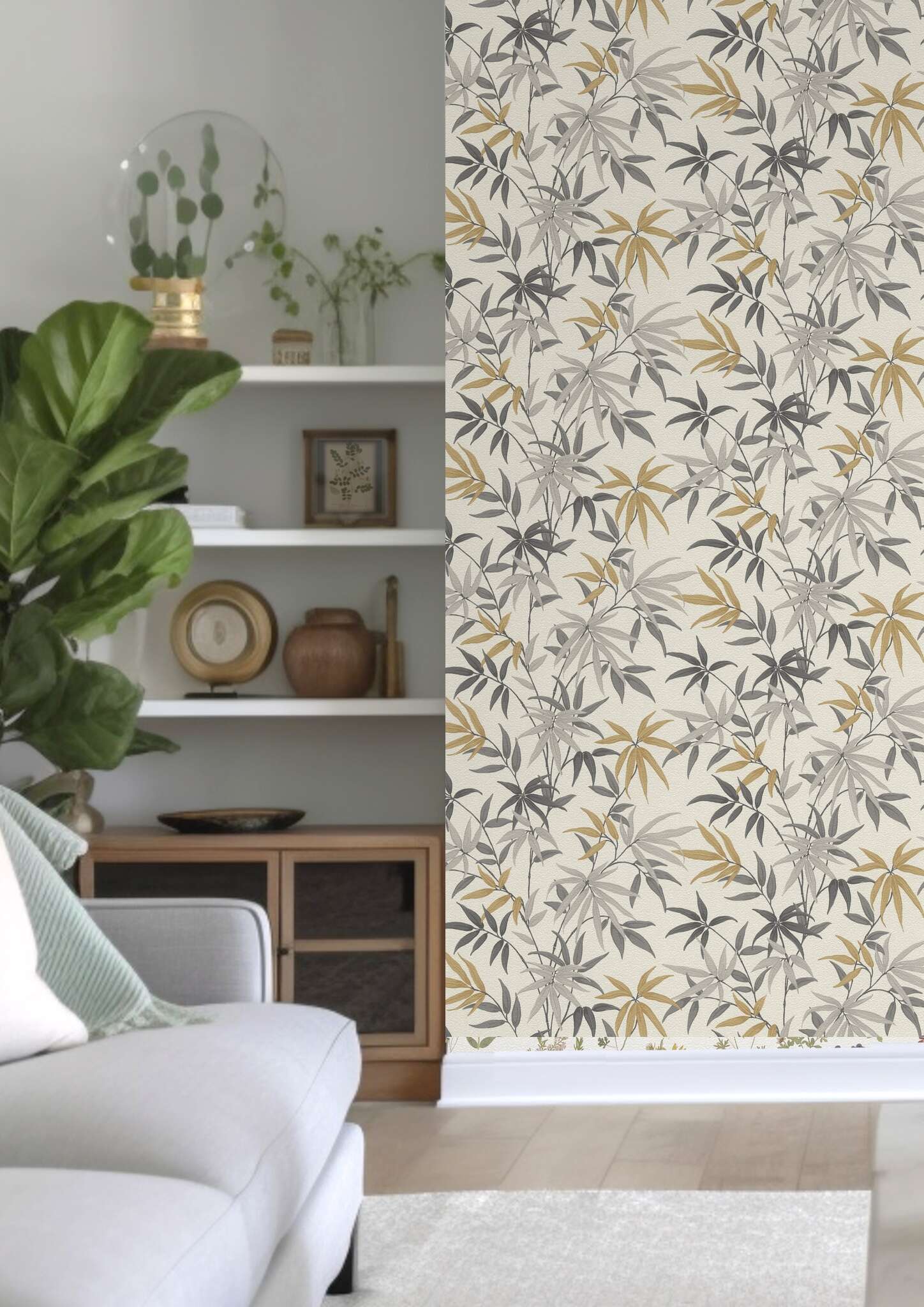 10-691504 Raumsituationen 1 Room with Wallpaper with individual bamboo plants and a textile look