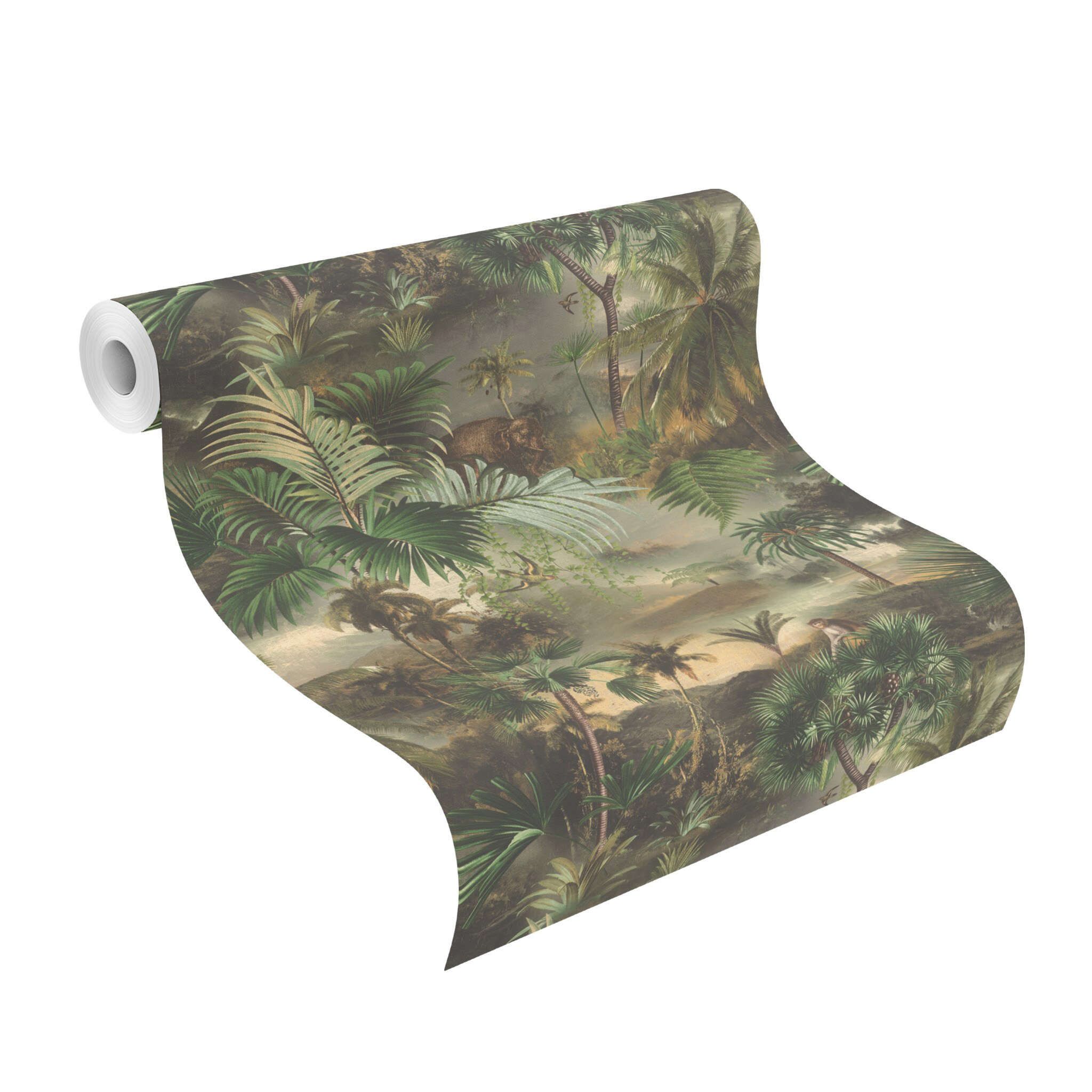 10-692600 Rolle abgerollt 1 Non-woven wallpaper jungle in green 692600
