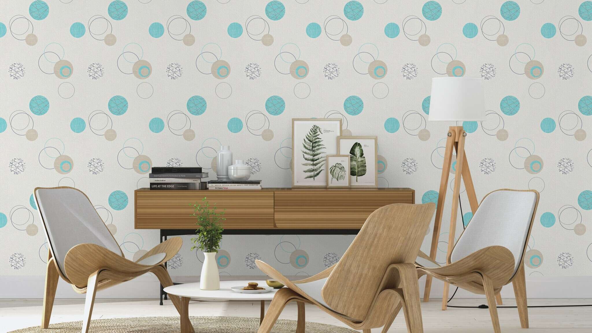 10-475913 Raumsituationen 4 Room with Playful, modern pattern with circles in light blue, beige and grey on a white background