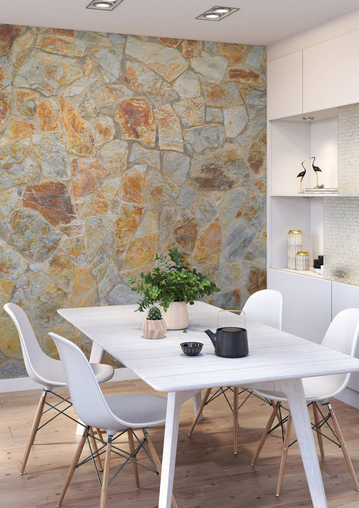 Esszimmer mit Fototapete - Naturstein-Mosaik schafft mediterranes Flair und die Braun- und Grautöne eine kühlende Atmosphäre