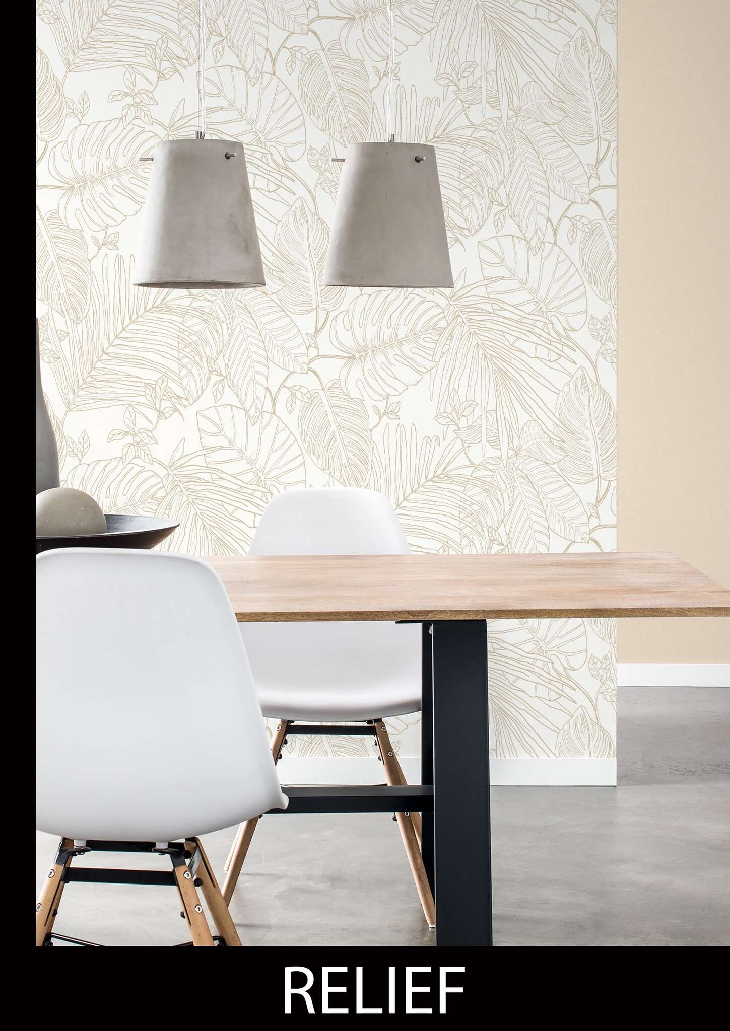 10-690804 Raumsituationen 3 Room with Sketched exotic leaves and plants in light beige on a cream-white background with a grainy texture