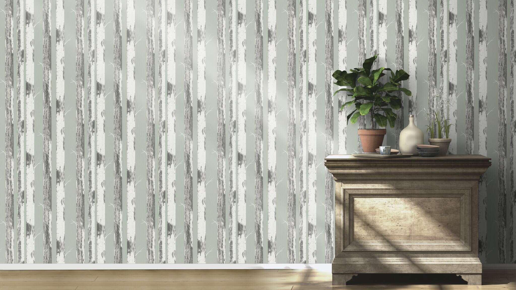 10-285413 Raumsituationen 5 Room with Wallpaper with vertical birch trunks in white and grey on a sage green background for a natural interior design