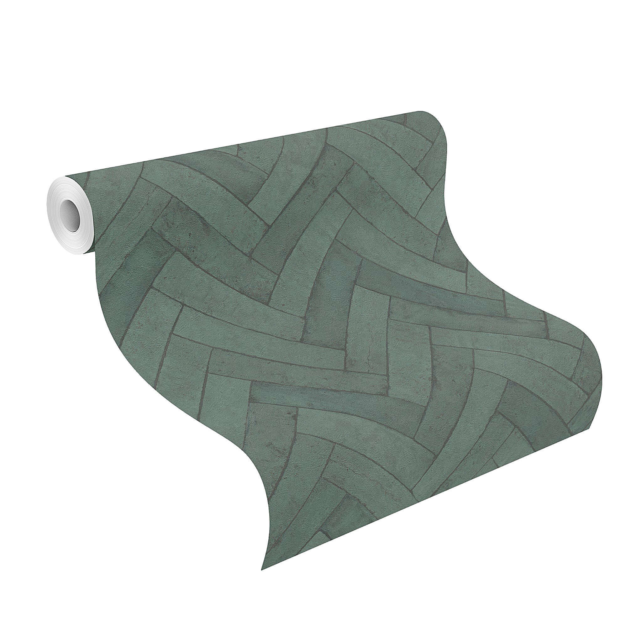 10-499155 Rolle abgerollt 1 Unrolled wallpaper roll with Wallpaper with bricks
