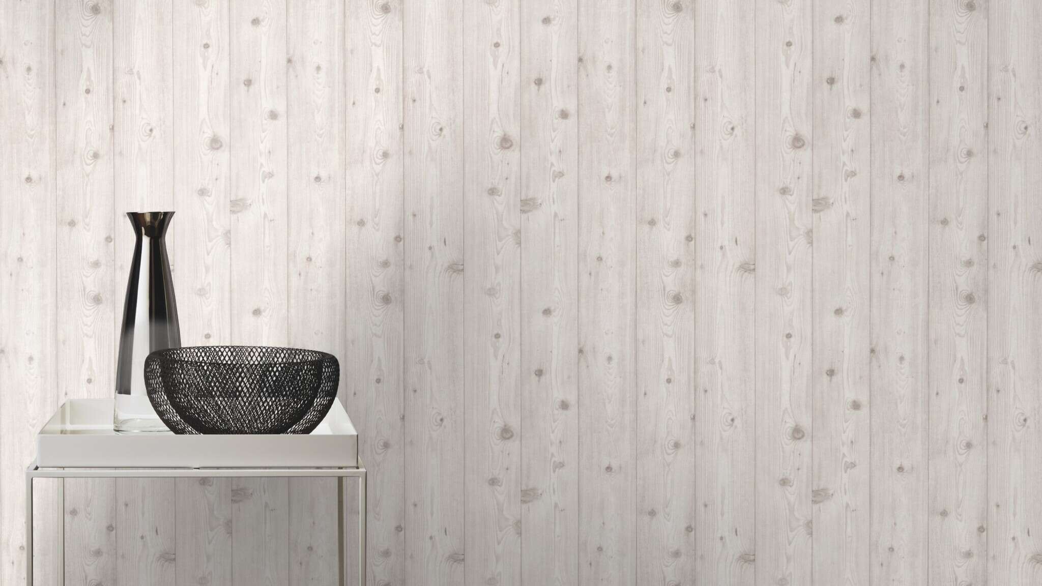 10-285208 Raumsituationen 1 Room with Scandinavian-style wallpaper with vertical wood texture in white and grey