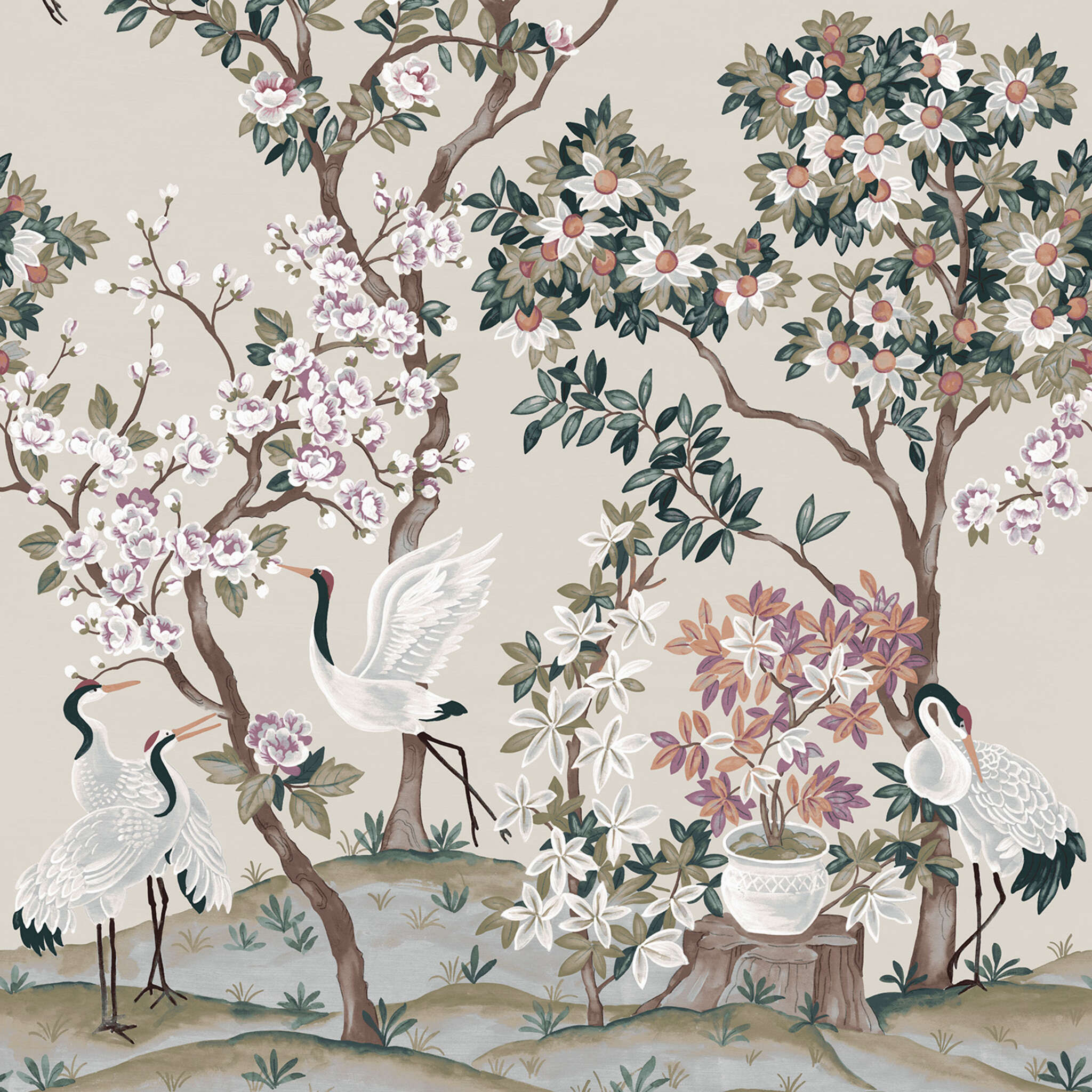 10-368024 D2C Vorschaubild 1 Serene Garden wall mural with cranes in beige – Noble Zen 368024