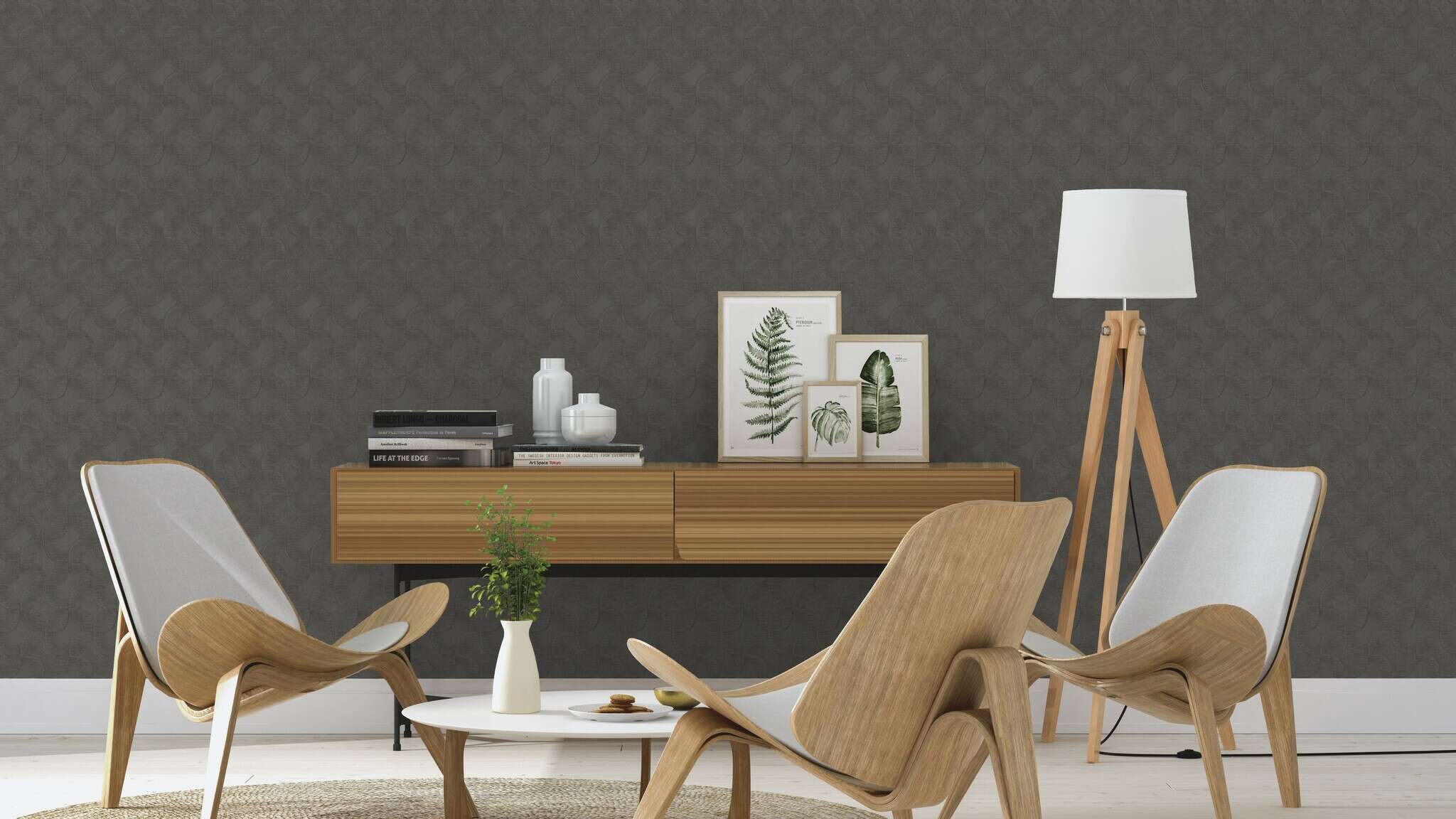 10-608168 Raumsituationen 1 Room with Graphic wallpaper with overlapping waves in a three-dimensional look