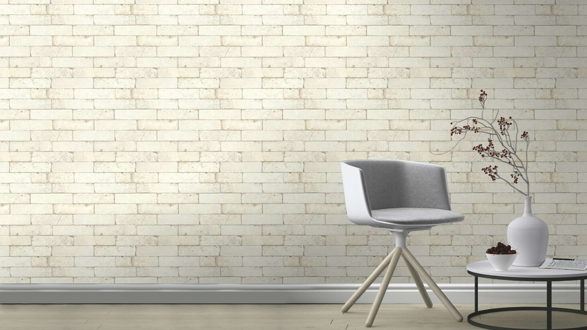 10-446319 Raumsituationen 2 Room with Cream-white non-woven wallpaper with classic brick pattern