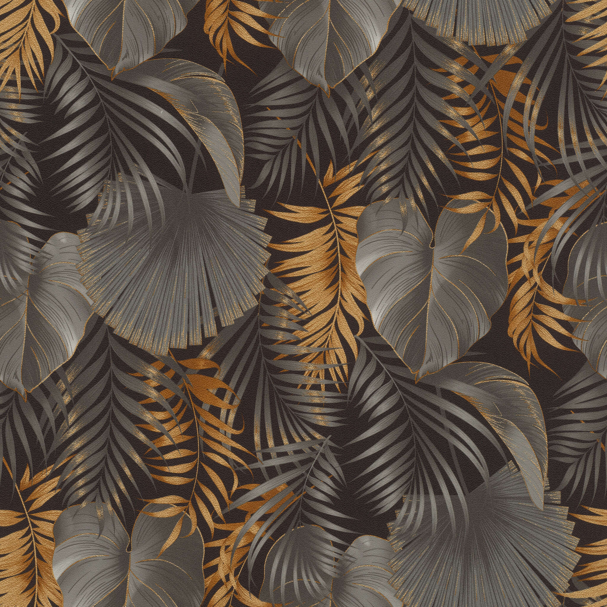 10-462043 Artikelscan 1 Üppiges Blättermotiv mit Palmen- und Monstera-Blättern in Kupfer, Bronze und Grau auf schwarzem Fond