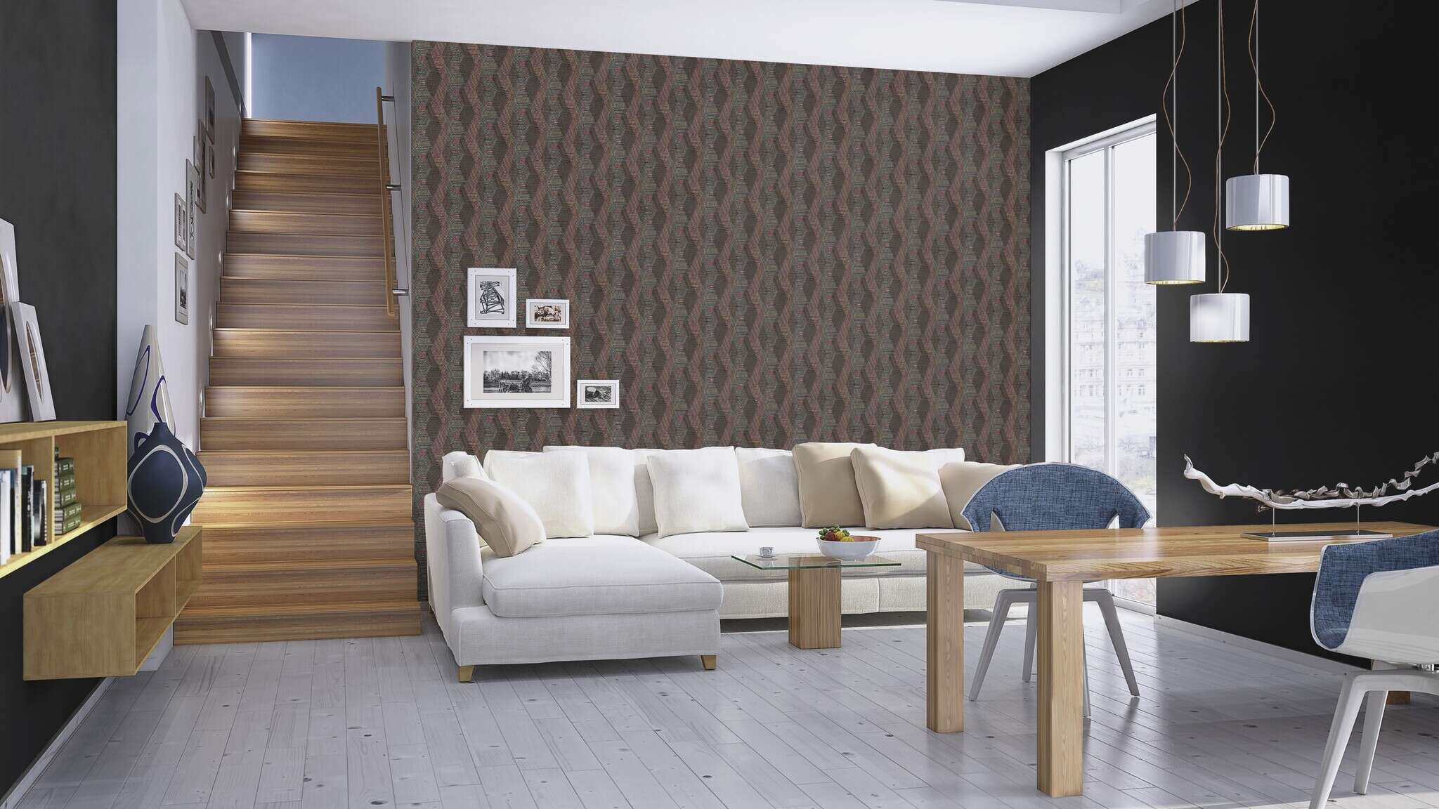 10-752656 Raumsituationen 3 Une chambre avec Papier peint uni aspect cuir
