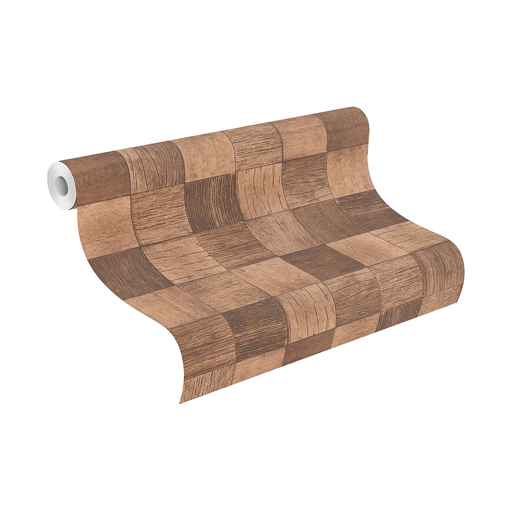 10-823035 Rolle abgerollt 1 Rouleau de déroulé avec Papier peint aspect bois et carrés géométriques
