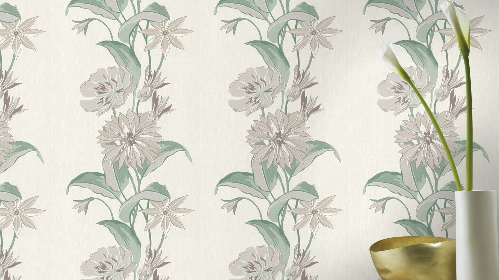 10-508277 Raumsituationen 1 Non-woven wallpaper in white with green floral tendrils 508277