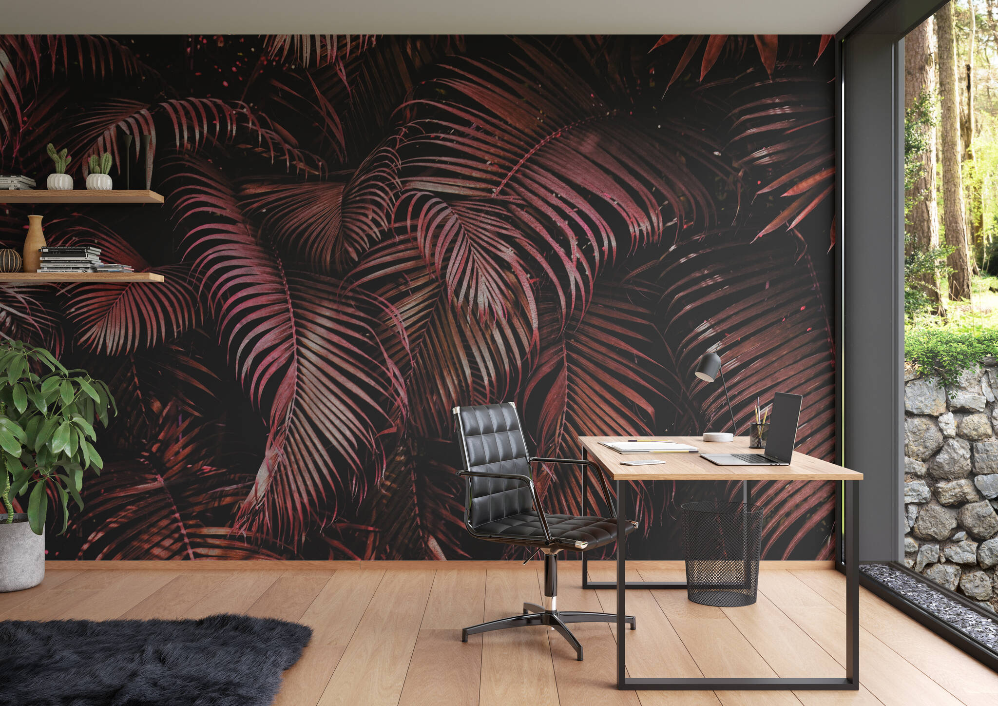 Arbeitszimmer mit Fototapete - Pinke Palmenblätter mit 3D-Effekt in raumfüllendem Zoom
