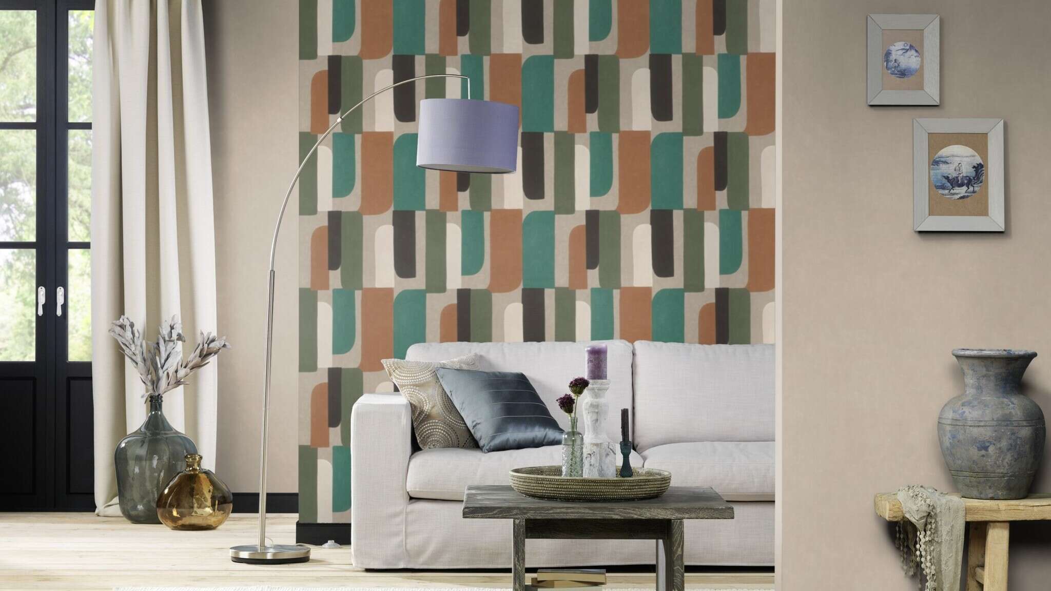 10-330526 Raumsituationen 3 Une chambre avec Motif géométrique en pétrole, vert mousse et sable – audacieux, moderne et dynamique.