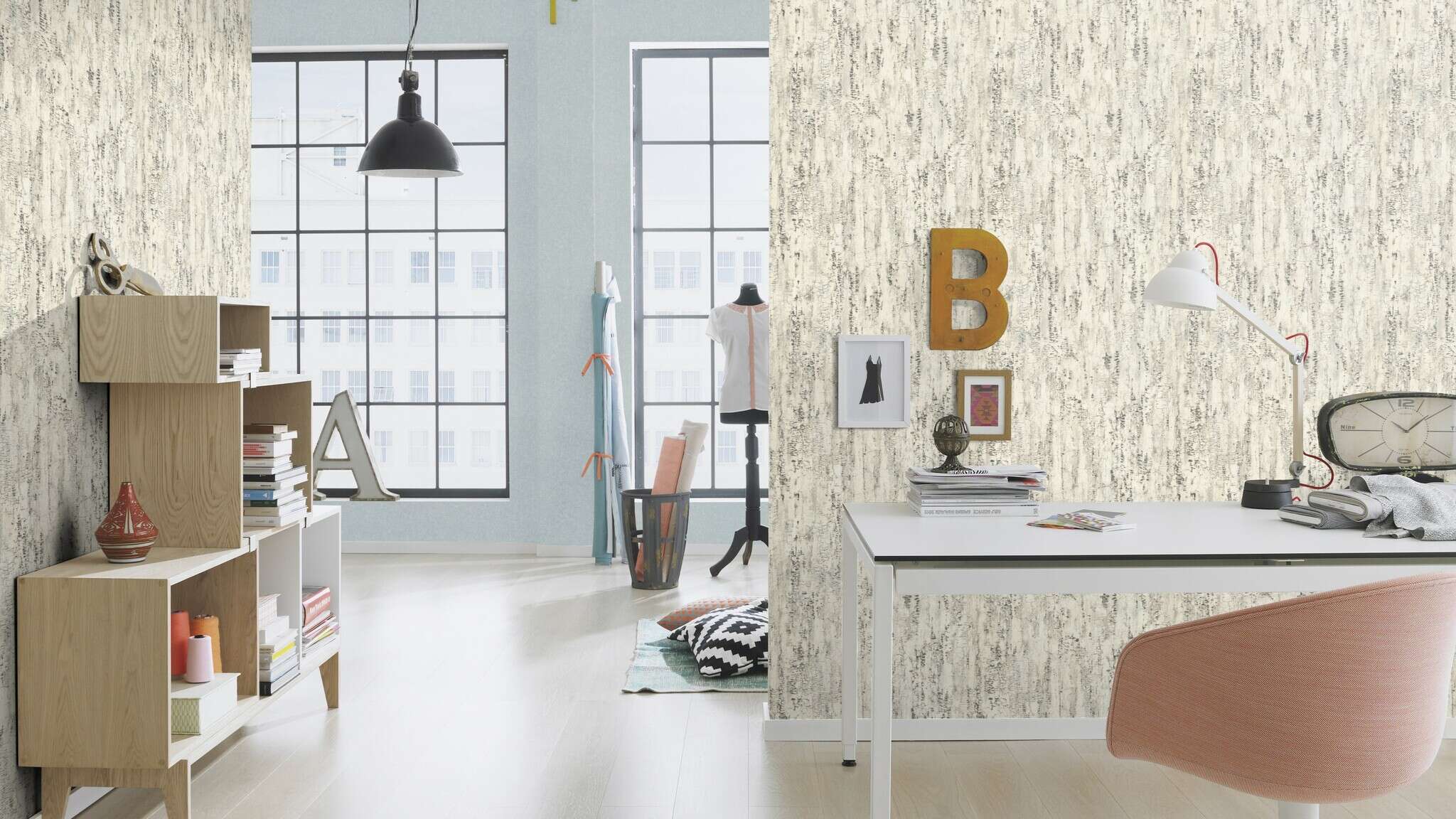 10-554045 Raumsituationen 2 Room with Wallpaper with a grain that looks like tree bark