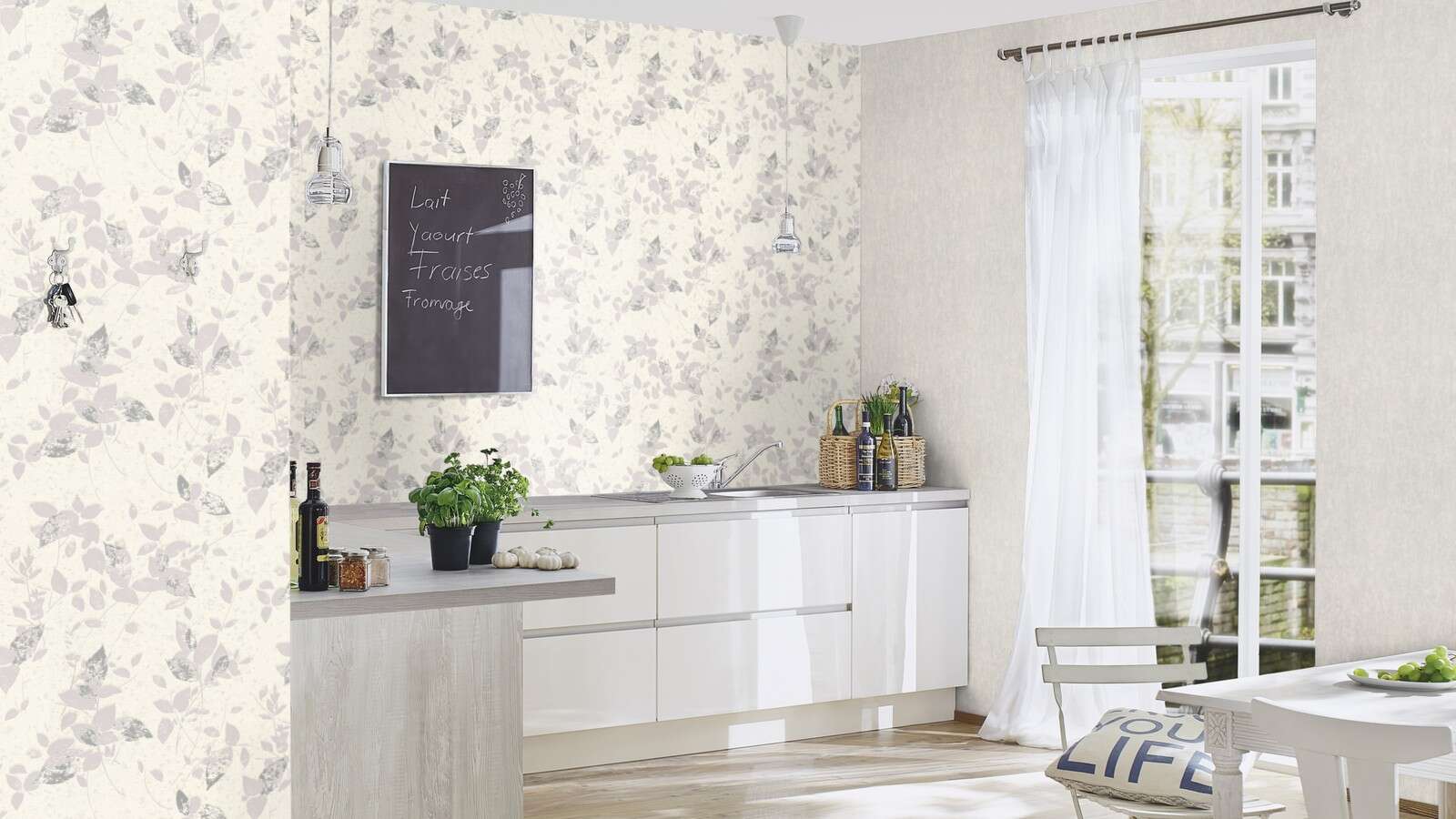 10-402353 Raumsituationen 3 Room with Modern wallpaper in light grey with a subtle, textured surface for minimalist rooms