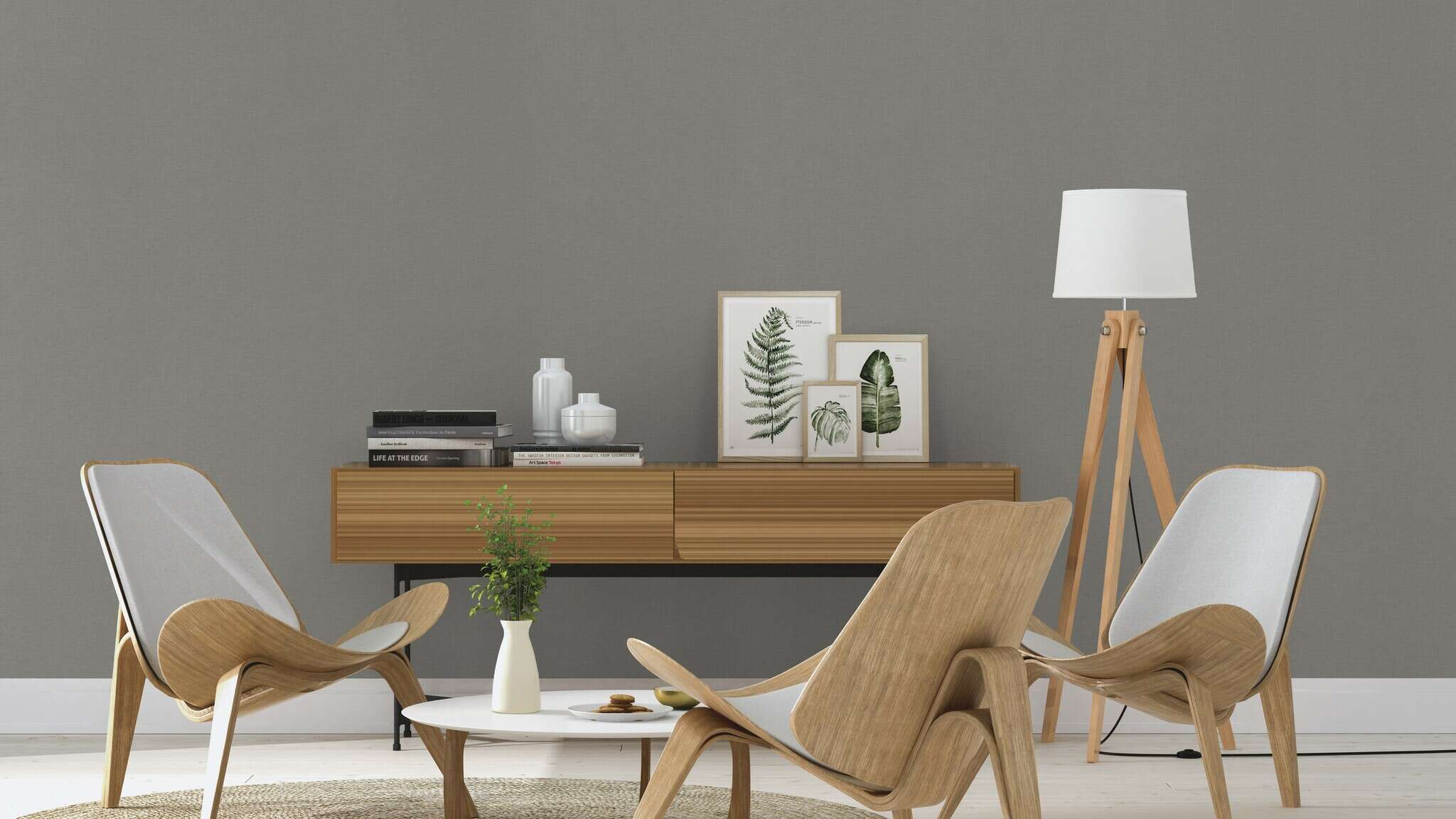 10-448627 Raumsituationen 4 Room with Plain wallpaper in grey with a textile linen-like surface, ideal for cosy room designs.