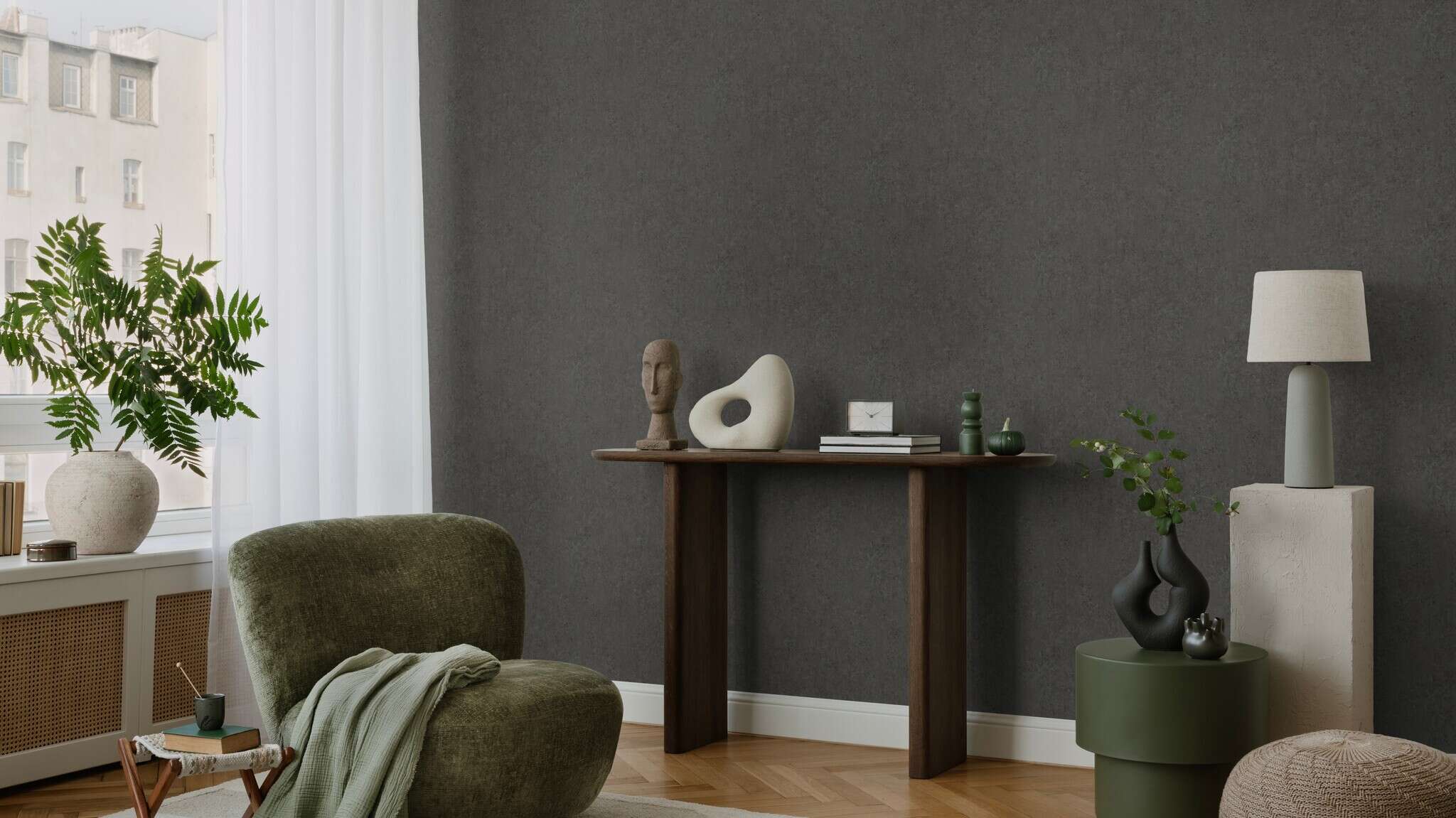 10-498462 Raumsituationen 3 Concrete-effect wallpaper in dark grey Factory VI 498462