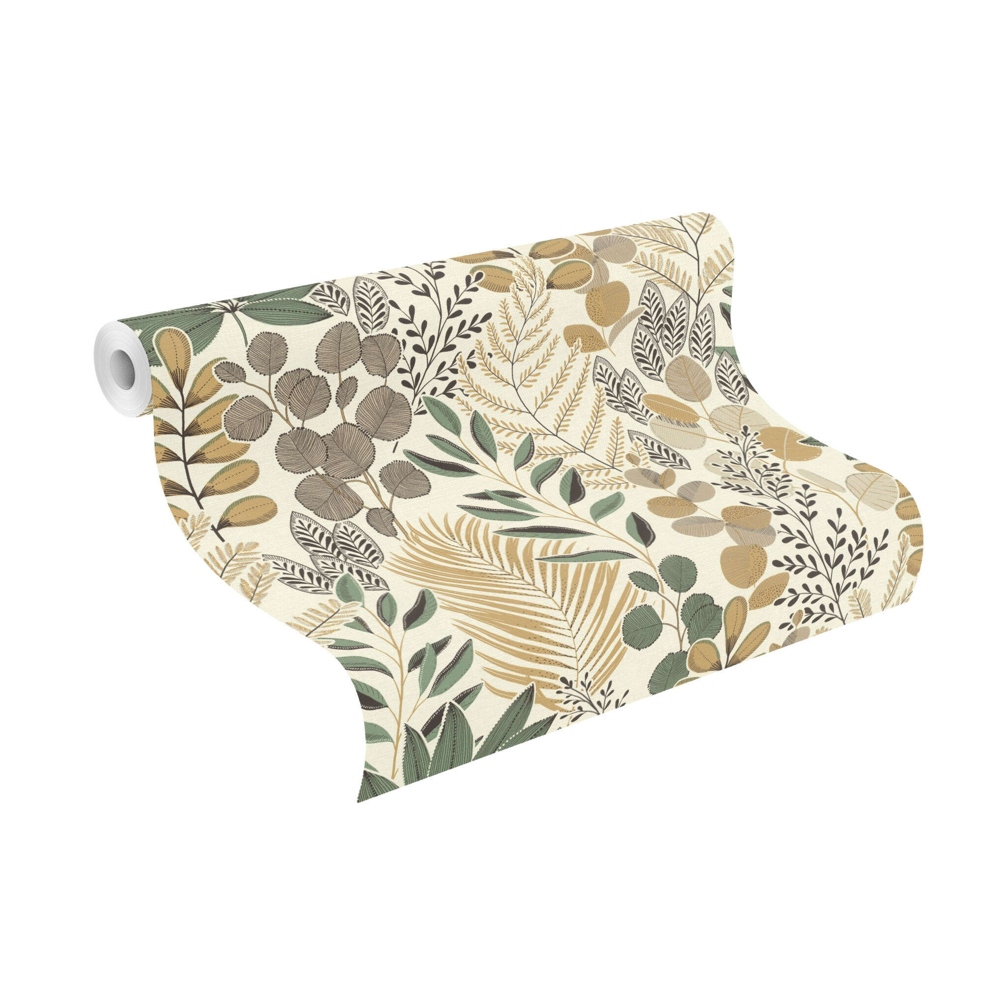 10-465334 Rolle abgerollt 1 Unrolled wallpaper roll with Detailed leaf graphic in ochre, green, beige and black on a light background – stylised nature for modern living spaces.