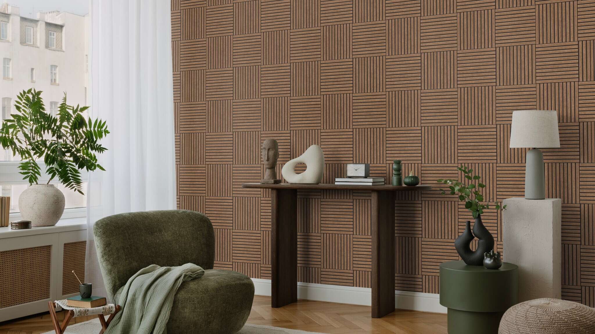 10-417180 Raumsituationen 2 Wood-effect wallpaper in dark brown – Tonea Factory VI 417180