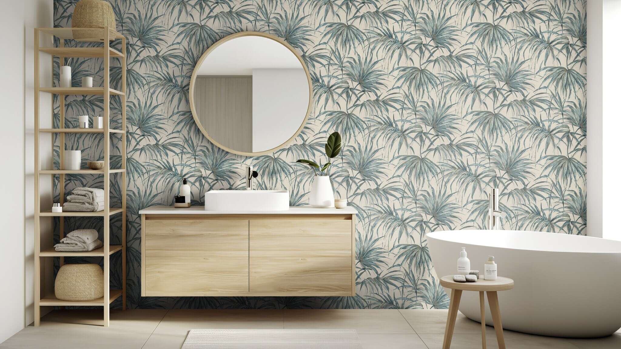 10-435337 Raumsituationen 2 Non-woven wallpaper with bamboo leaves in blue - Noble Zen Akari 435337