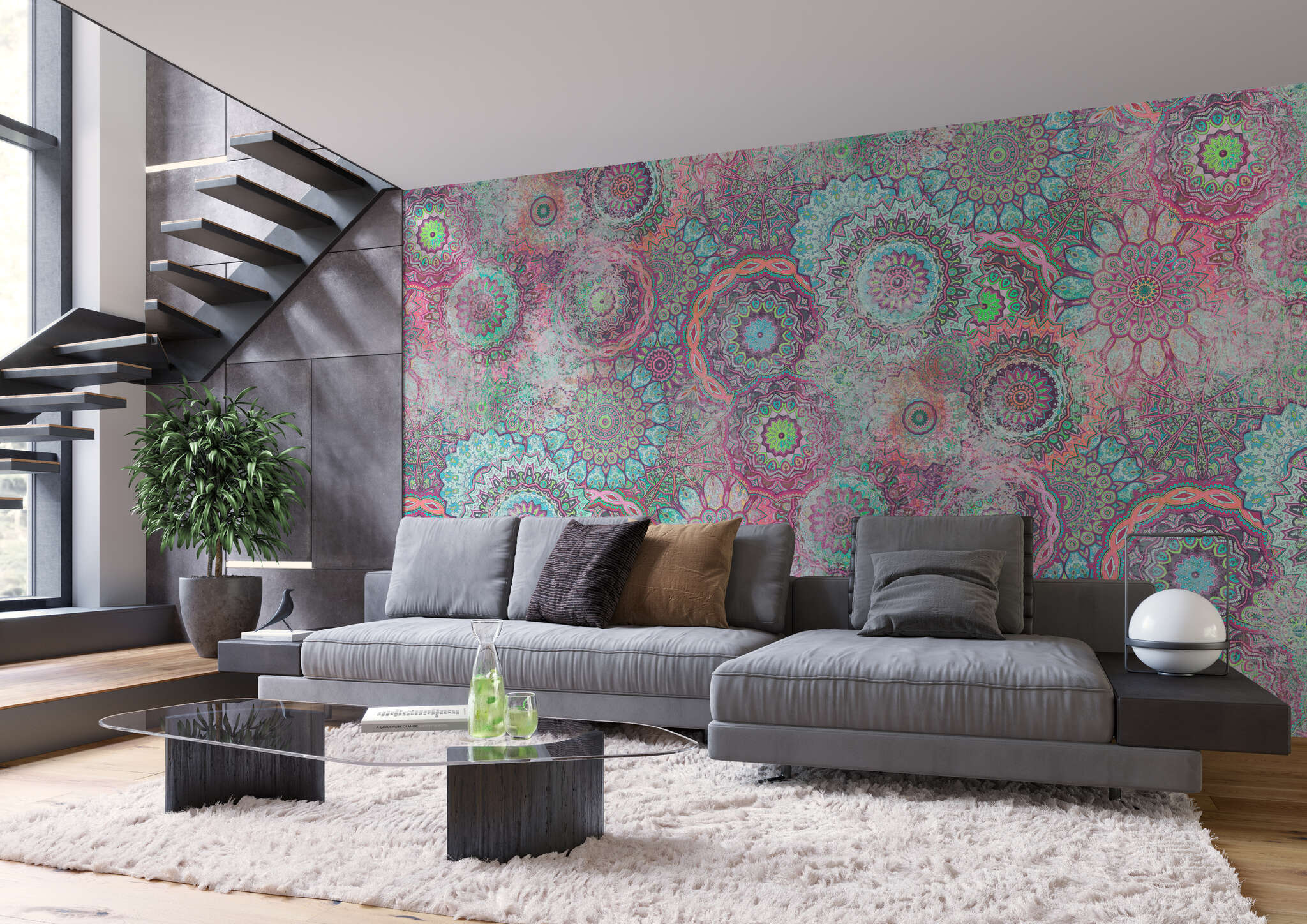 Wohnzimmer mit 362985 - Wandbild - Prallvolle Mandala-Sammlung in Türkis, Hellblau und Pink magicwalls Papier peint 362985