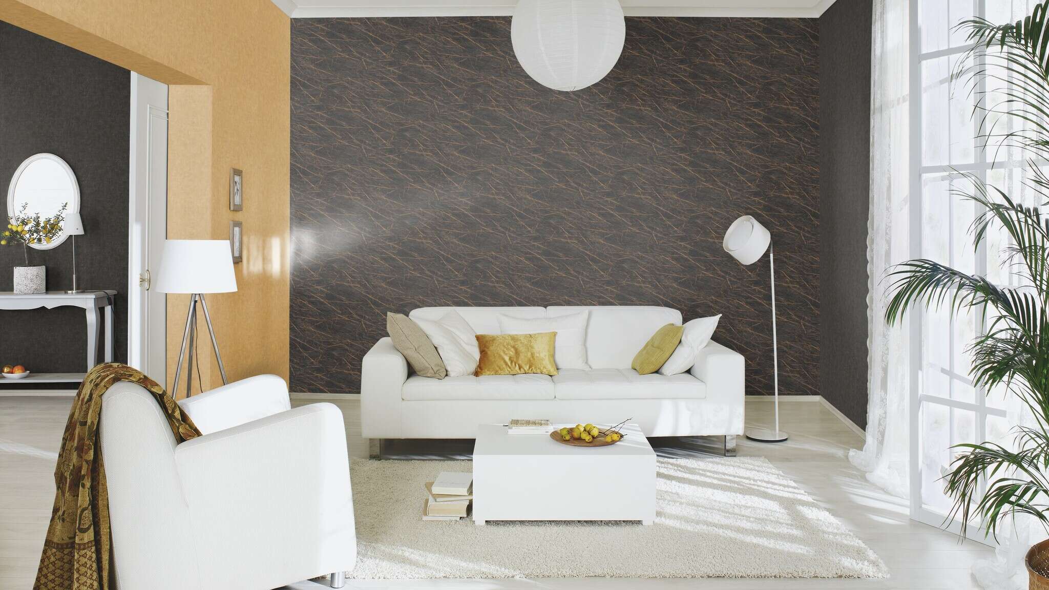 10-428964 Raumsituationen 2 Room with Non-woven wallpaper in black marble look with irregular gold-coloured veining.