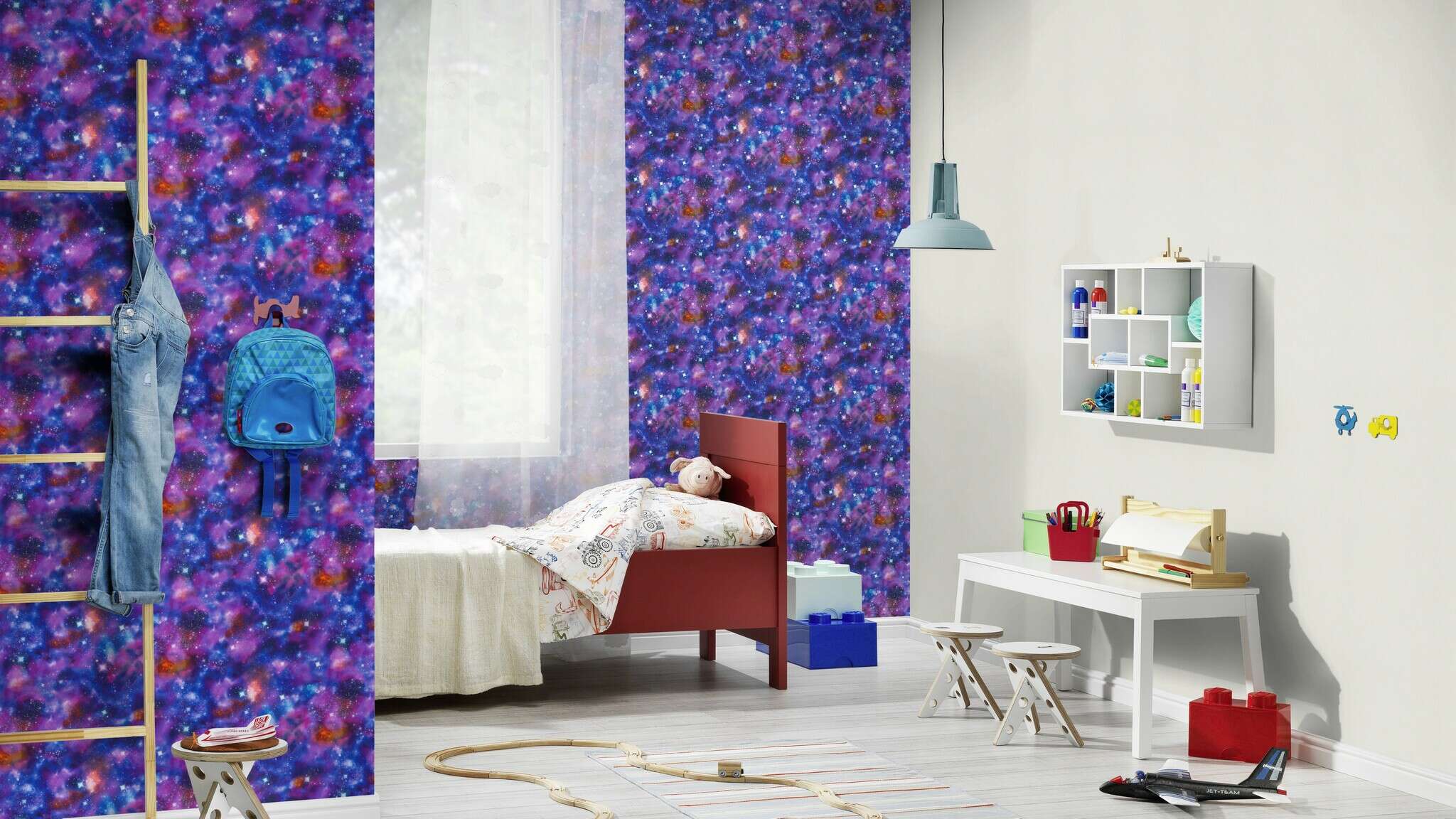 10-273205 Raumsituationen 3 Room with Wallpaper with a galactic motif in bold colours with stars and nebulae