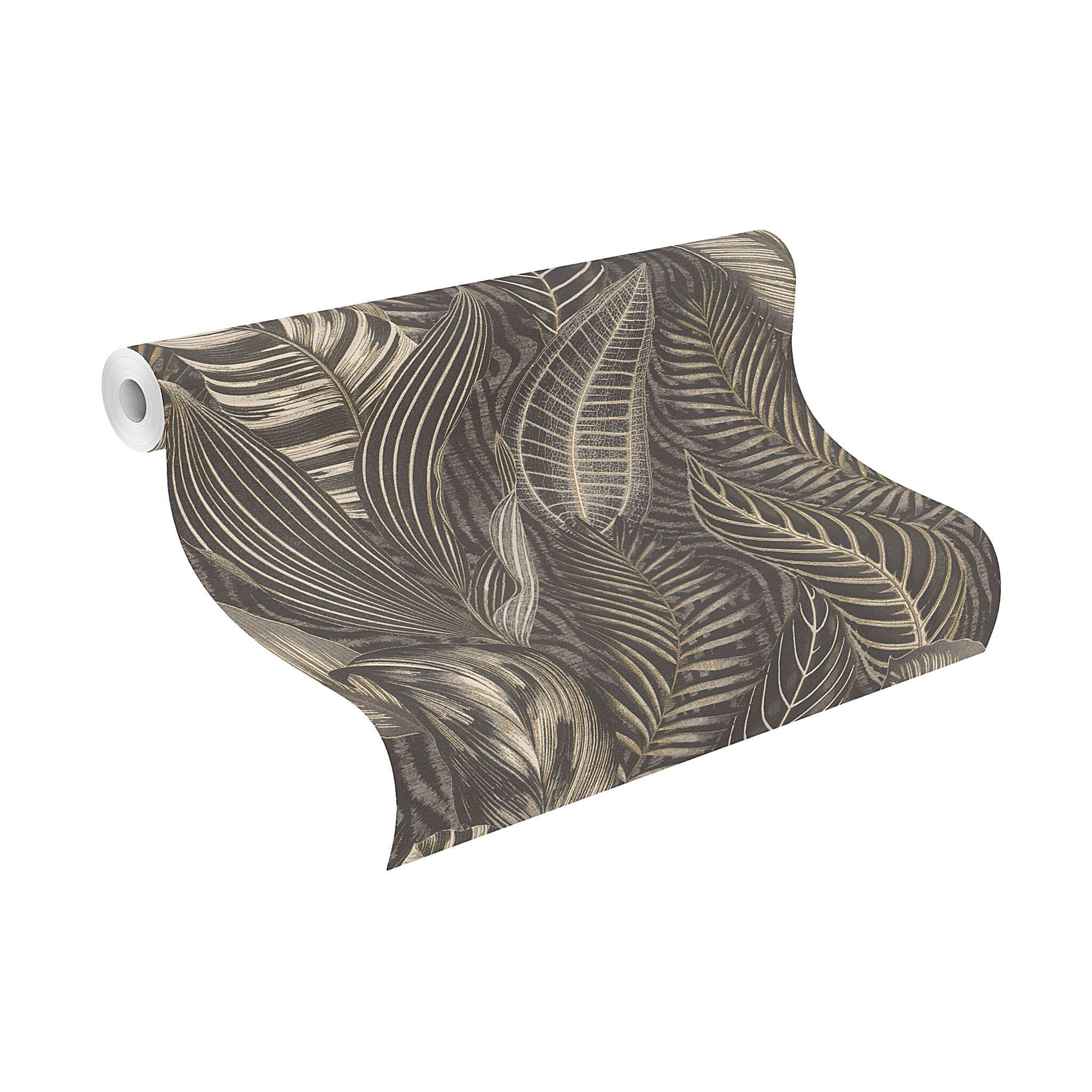 10-751833 Rolle abgerollt 1 Unrolled wallpaper roll with A wide variety of oversized leaves in shades of black with highlights in shiny gold
