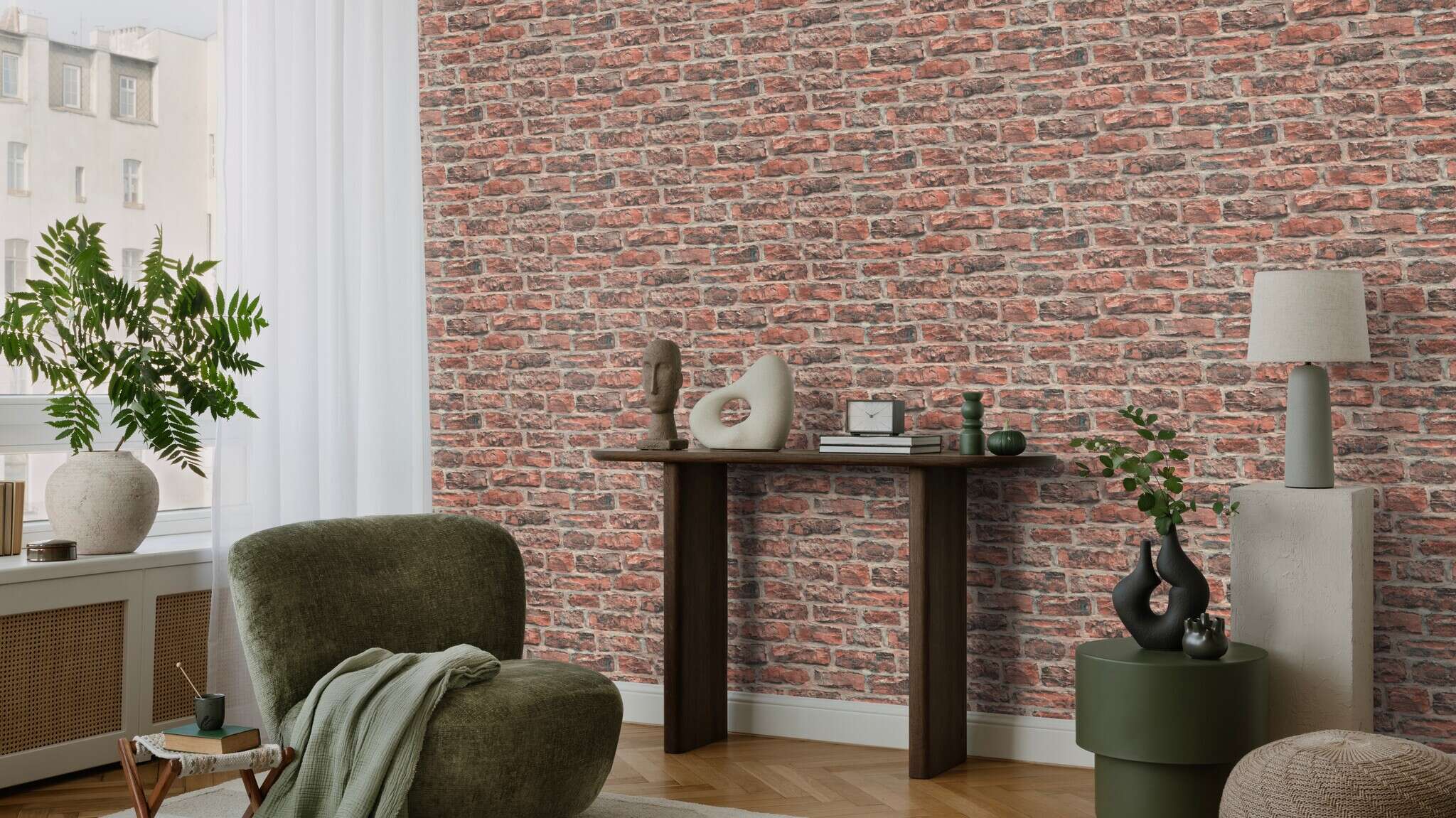 10-498332 Raumsituationen 2 Stone-effect wallpaper in red Factory VI Brick 498332